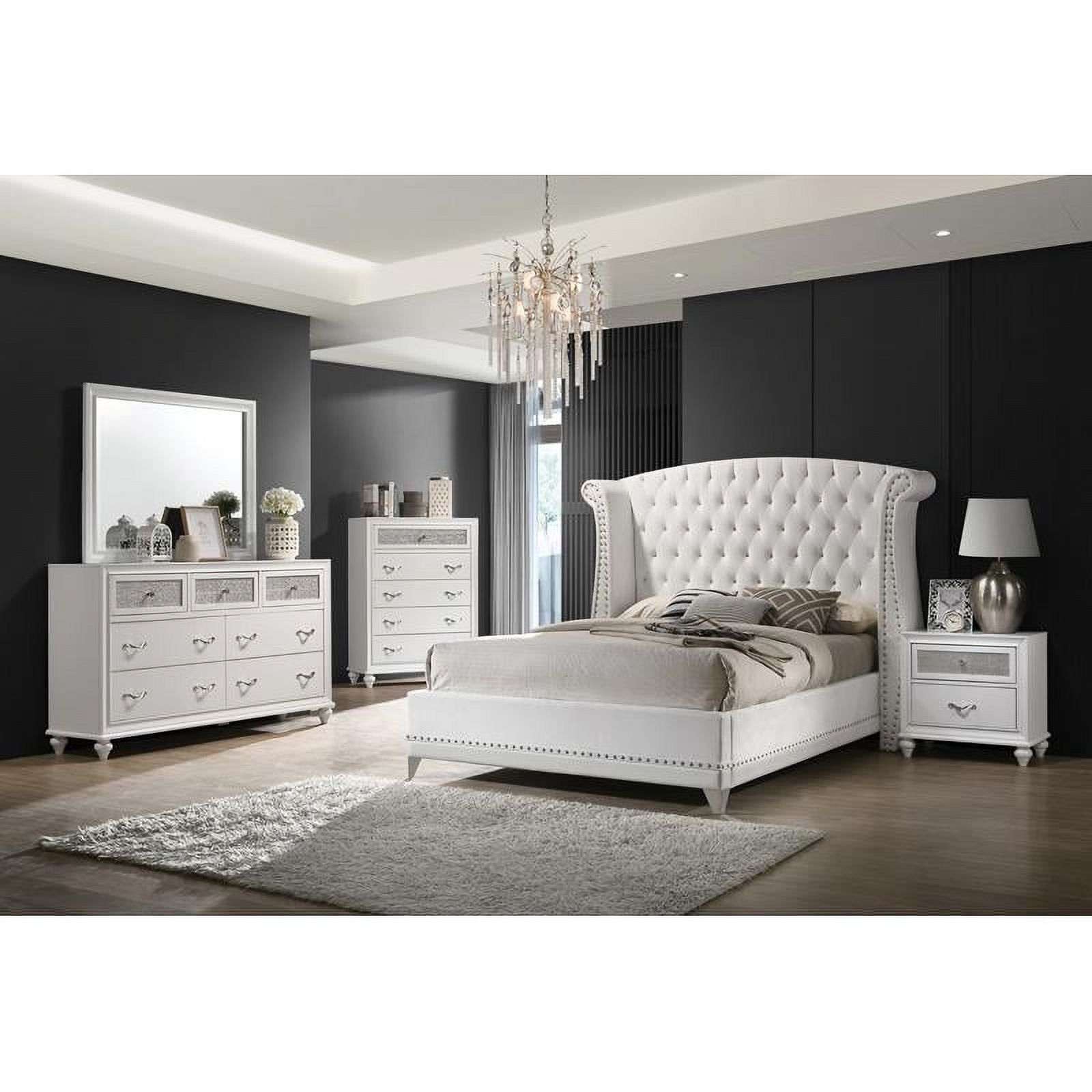 White Velvet and Leatherette California King 4-Piece Bedroom Set