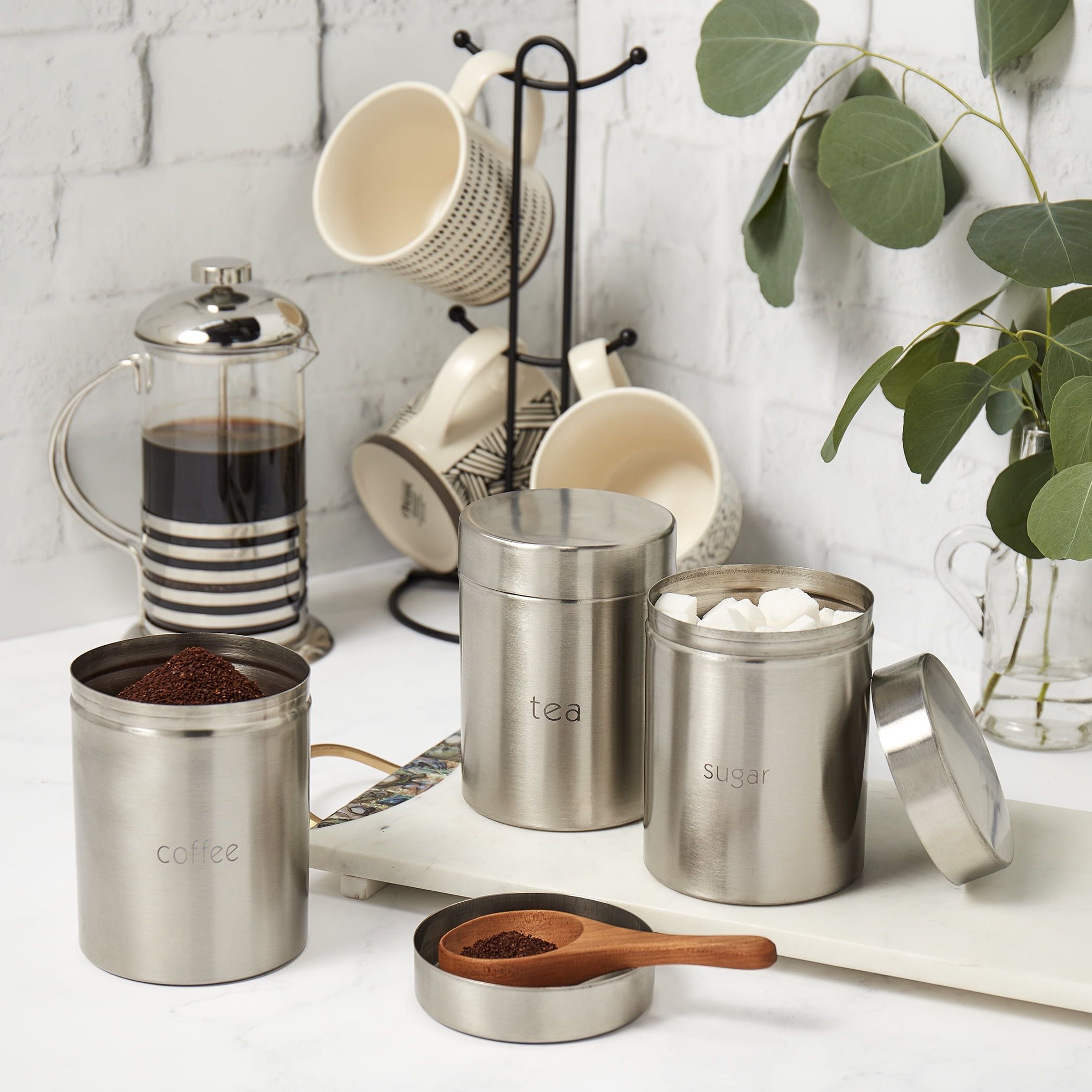 Stainless Steel 3-Piece Coffee, Tea, and Sugar Canister Set