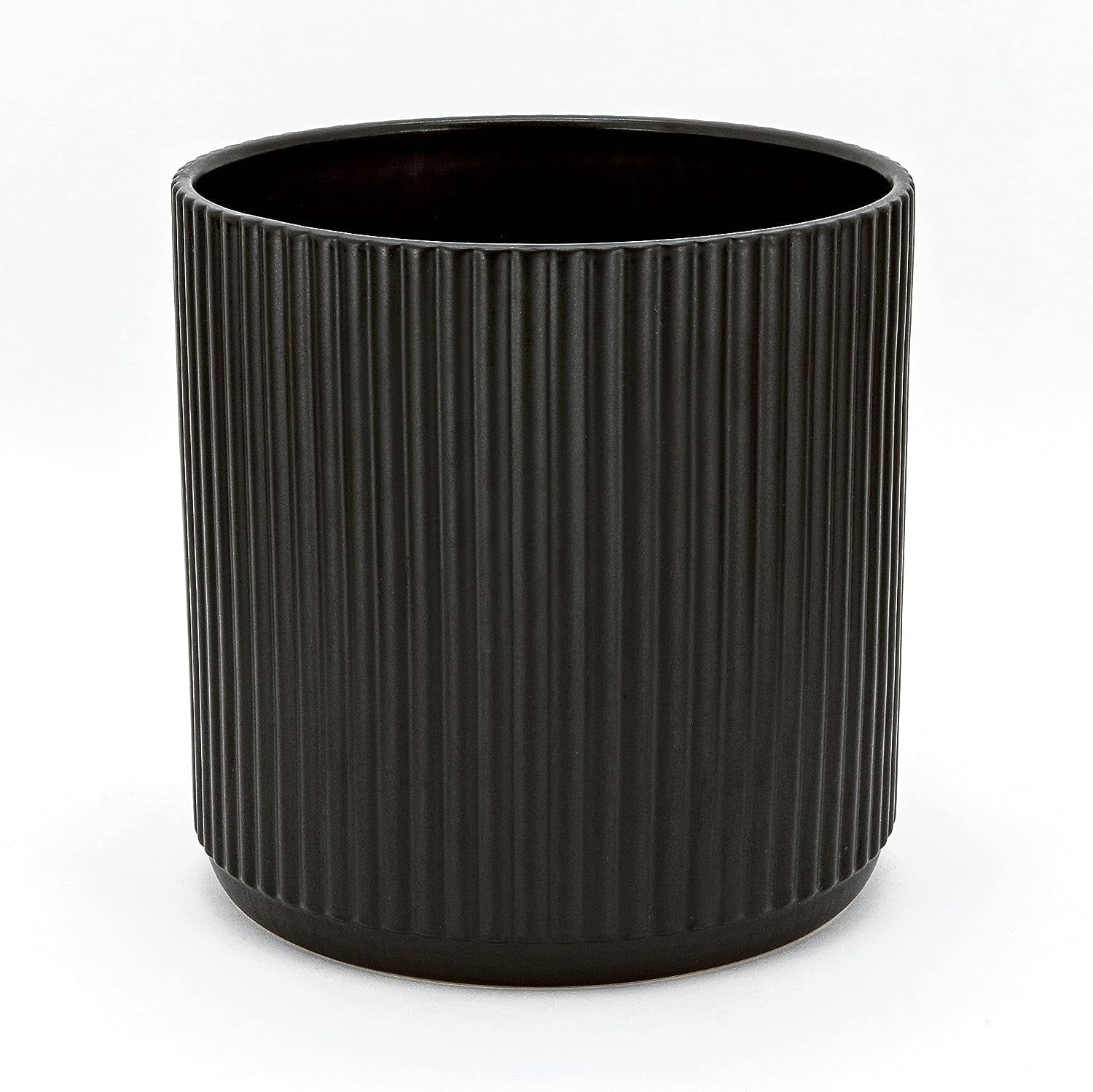 Modern Black Fluted Ceramic Round Planter, 8-Inch