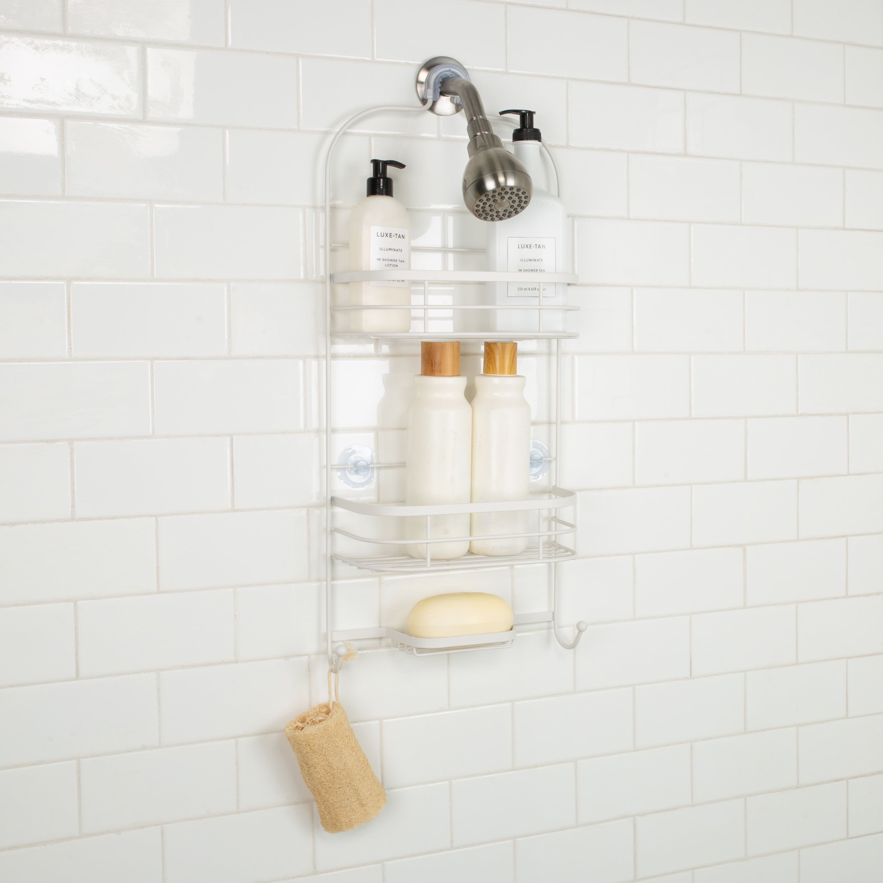 White Metal Deluxe Suction Mount Shower Caddy with Shelves