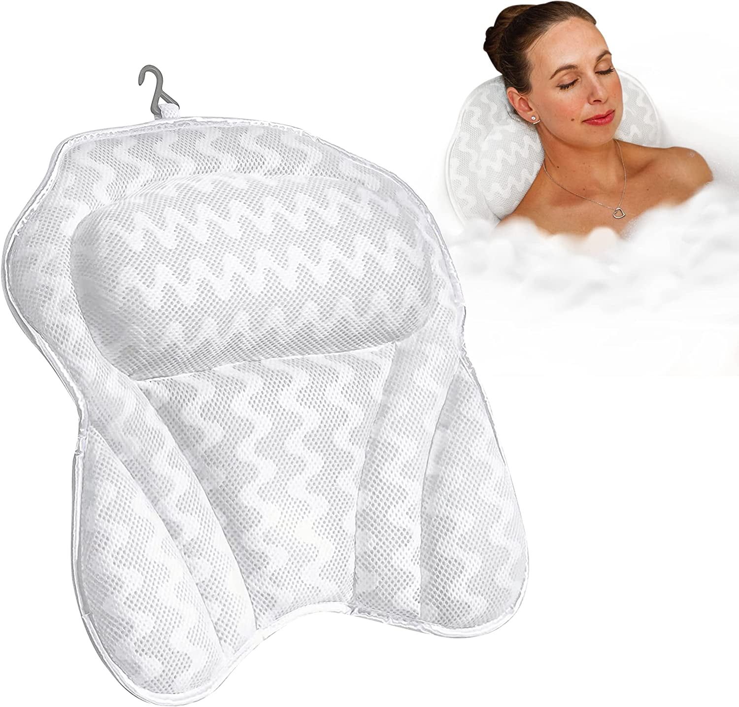 White 3D Air Mesh Bath Pillow for Tub with Head and Neck Support