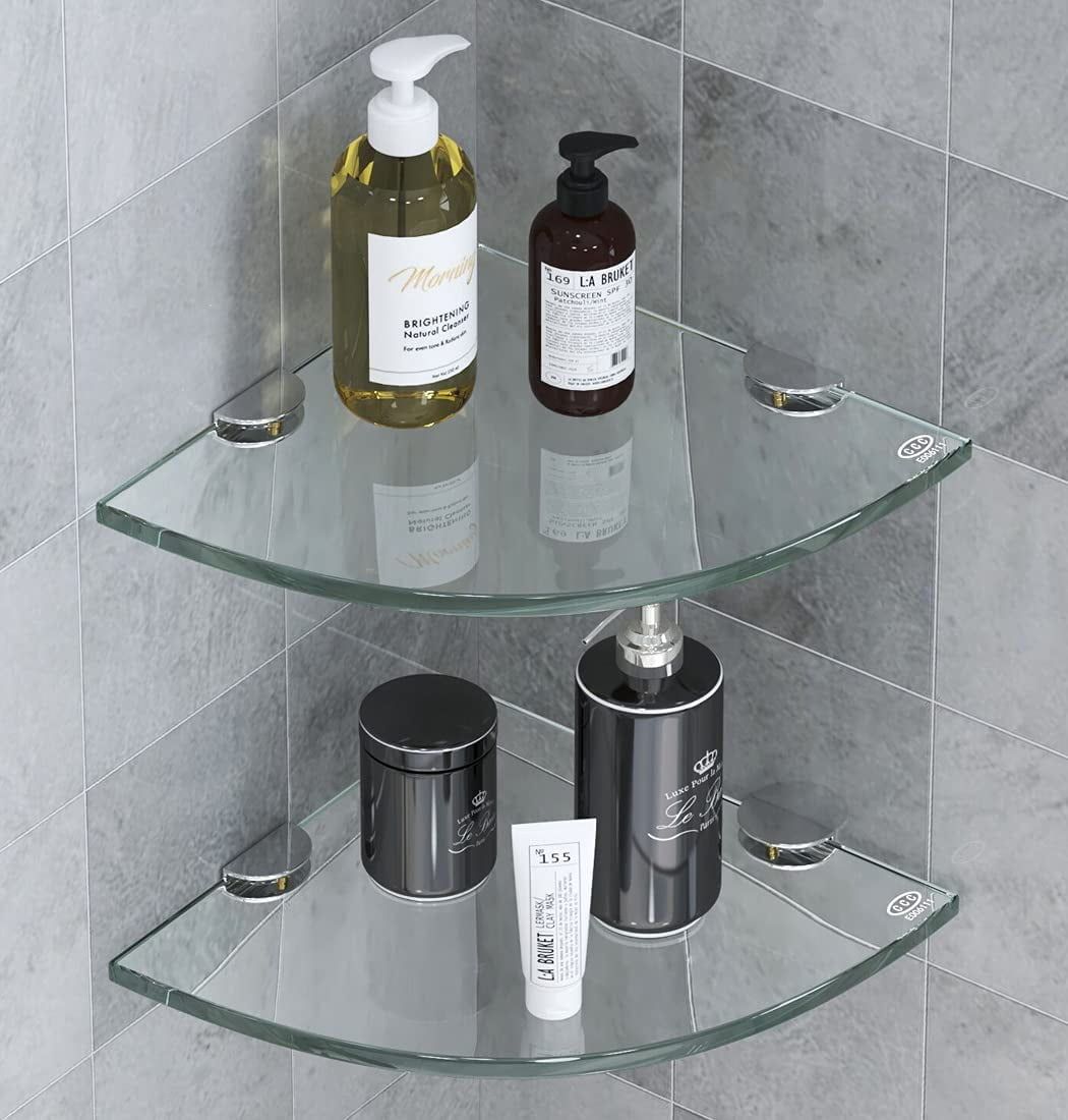 Polished Chrome Wall Mount Tempered Glass Shower Shelves Set