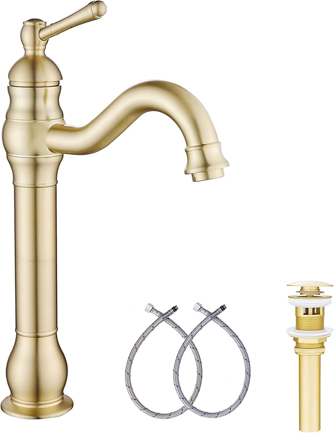 Brushed Gold Tall Farmhouse Vessel Sink Faucet with Pop-Up Drain