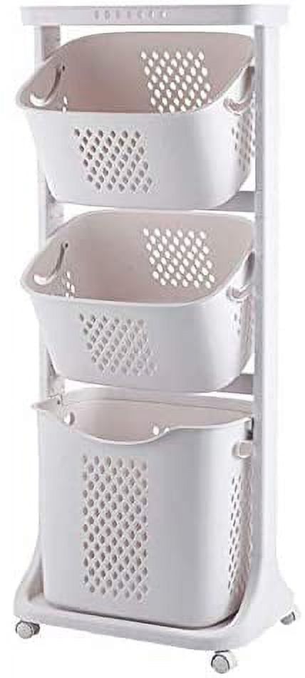 White 3-Tier Plastic Rolling Laundry Hamper with Wheels