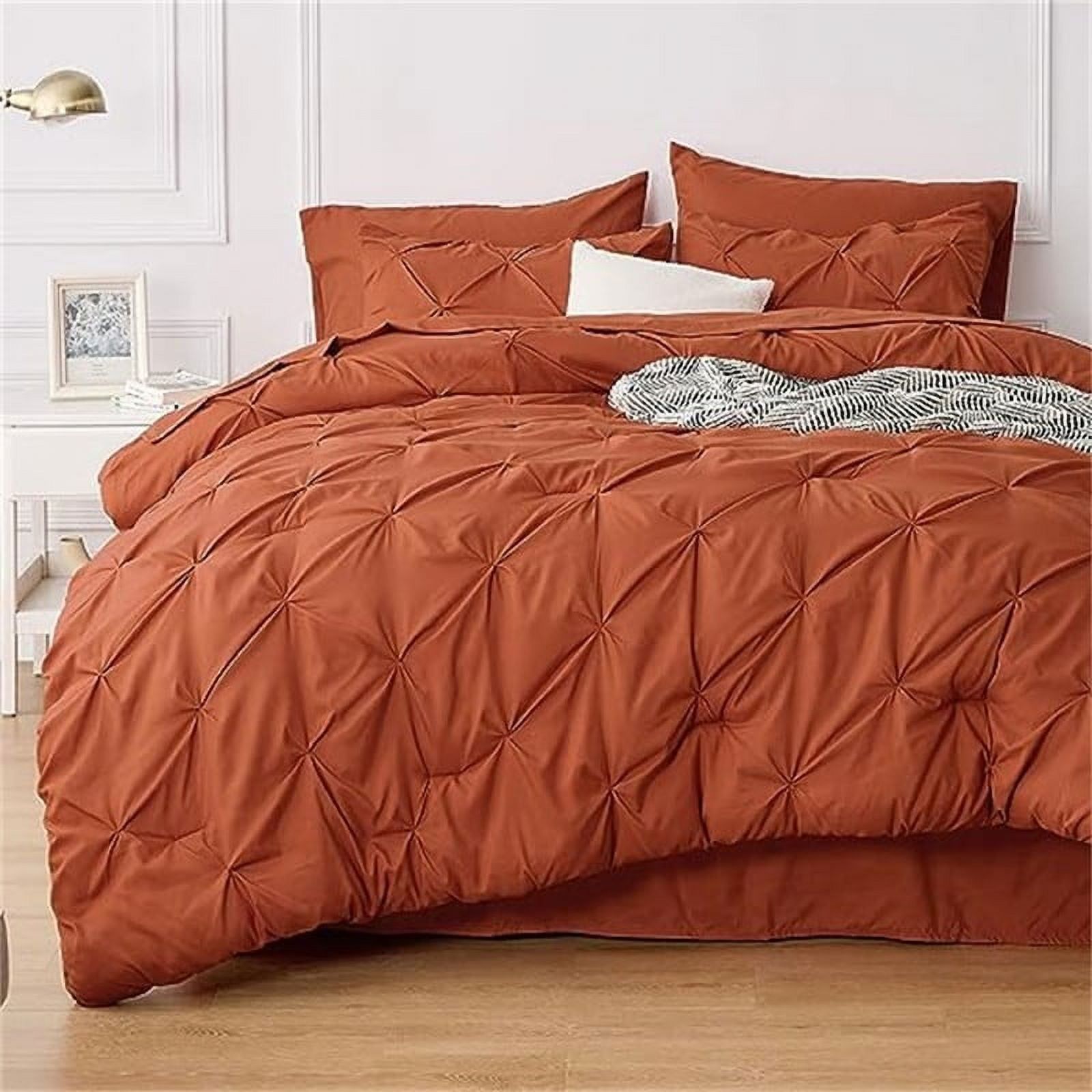 Burnt Orange Microfiber Queen Comforter Set with Pleated Design