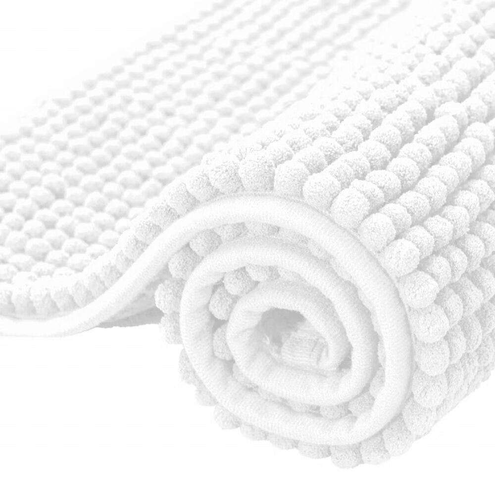 Luxurious White Chenille Medium Pile Washable Bath Mat