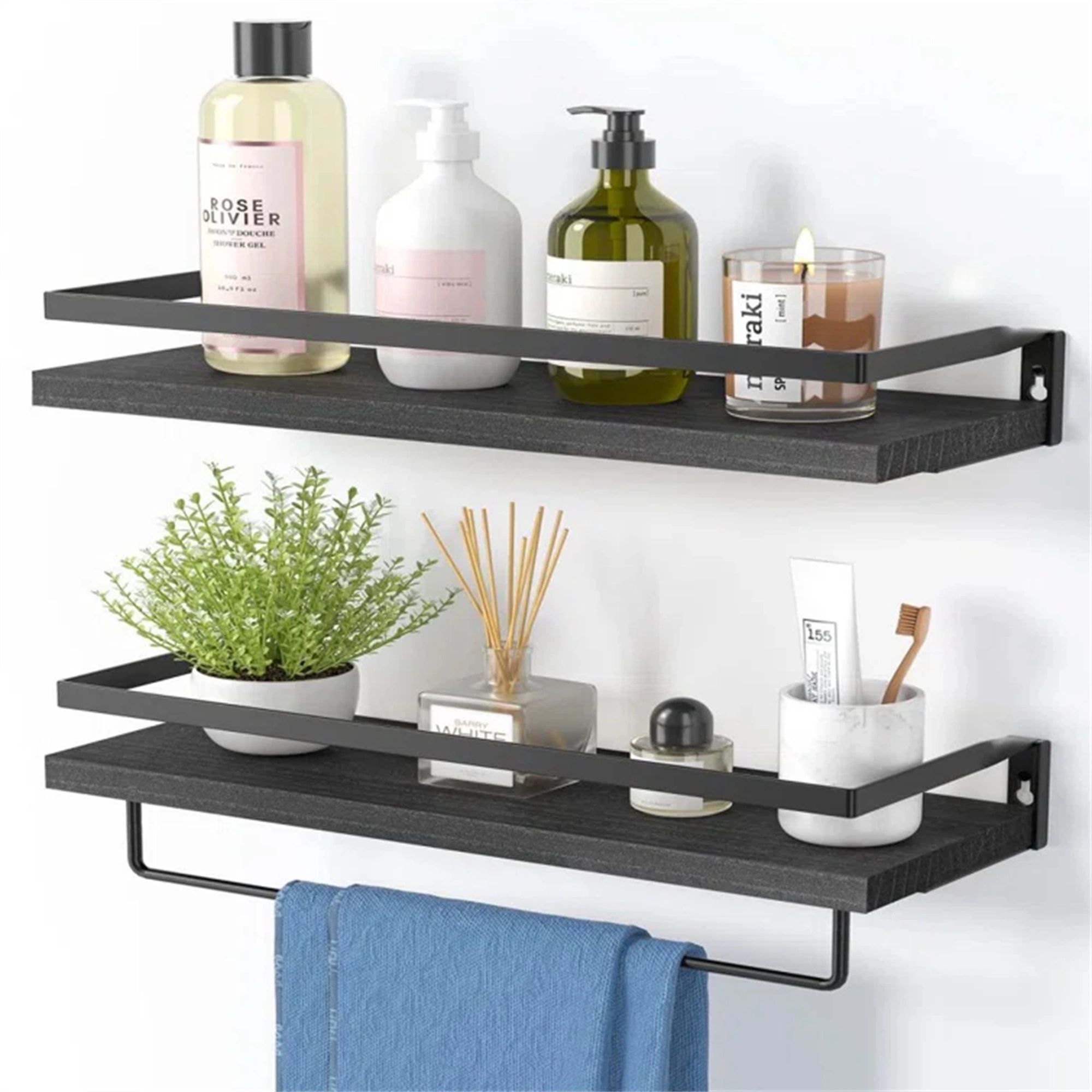 Black Paulownia Wood Floating Wall Shelves with Towel Bar