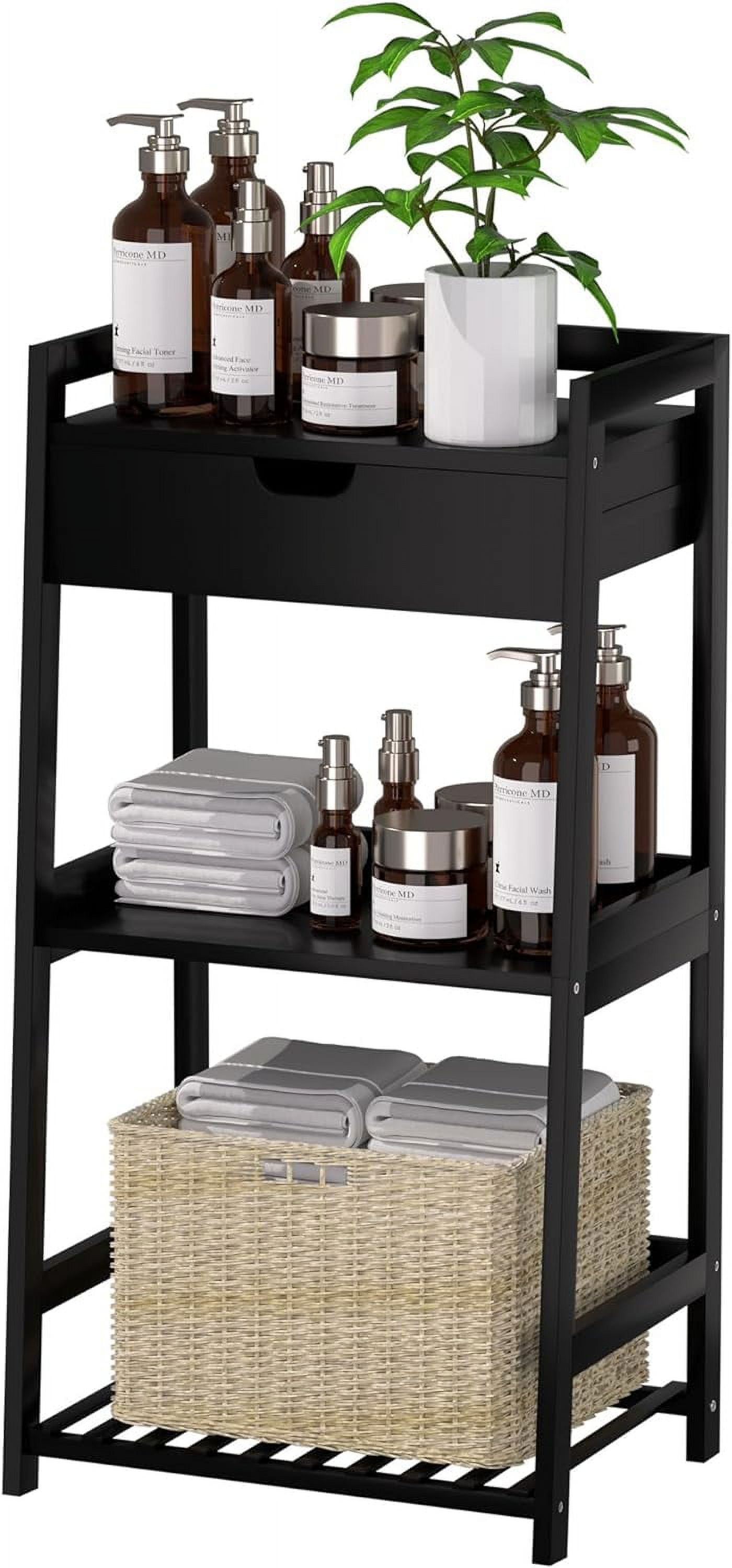 Black Bamboo 3-Tier Ladder Shelf with Drawer