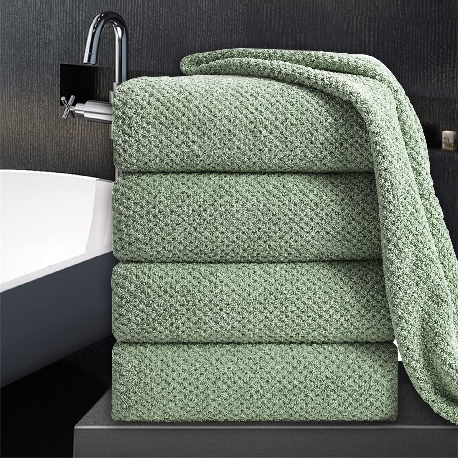 Oversized Green Turkish Cotton Microfiber Bath Towel Set