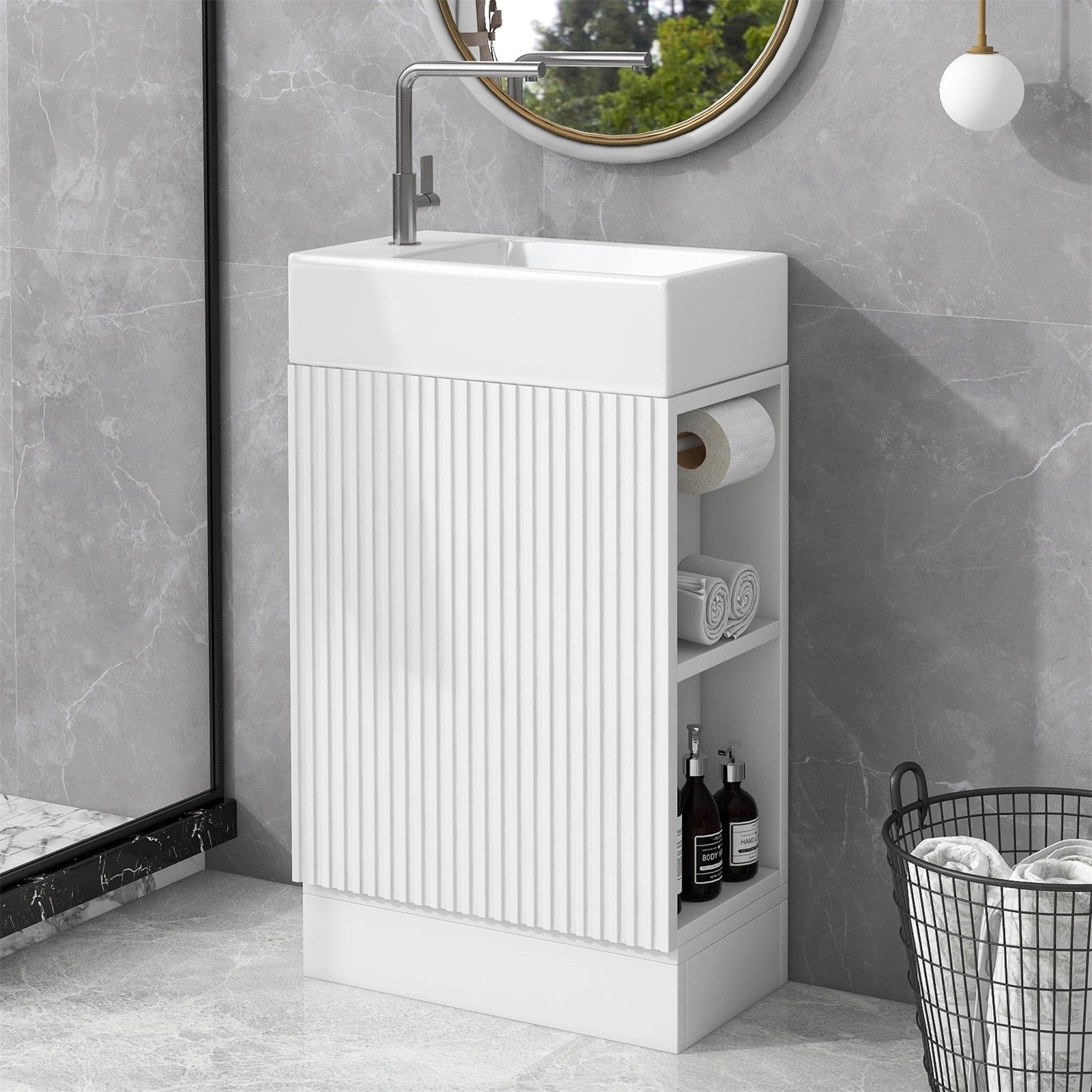 White Freestanding Bathroom Vanity with Sink and Storage Shelves