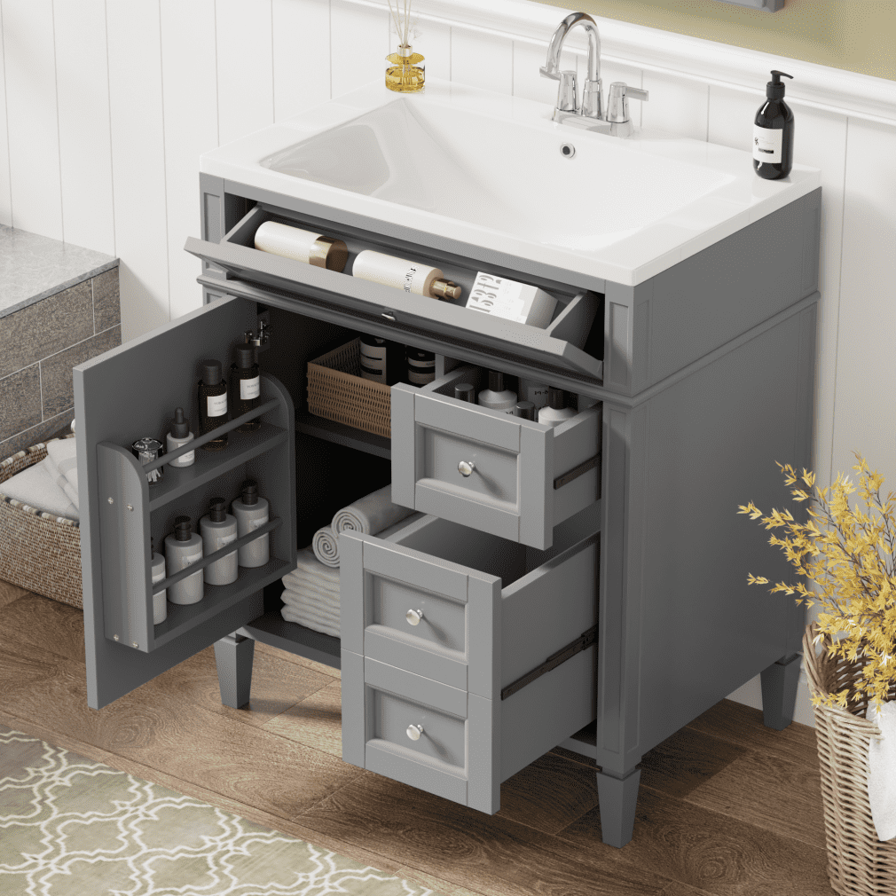 Gray 30'' Solid Wood and MDF Bathroom Vanity with Sink