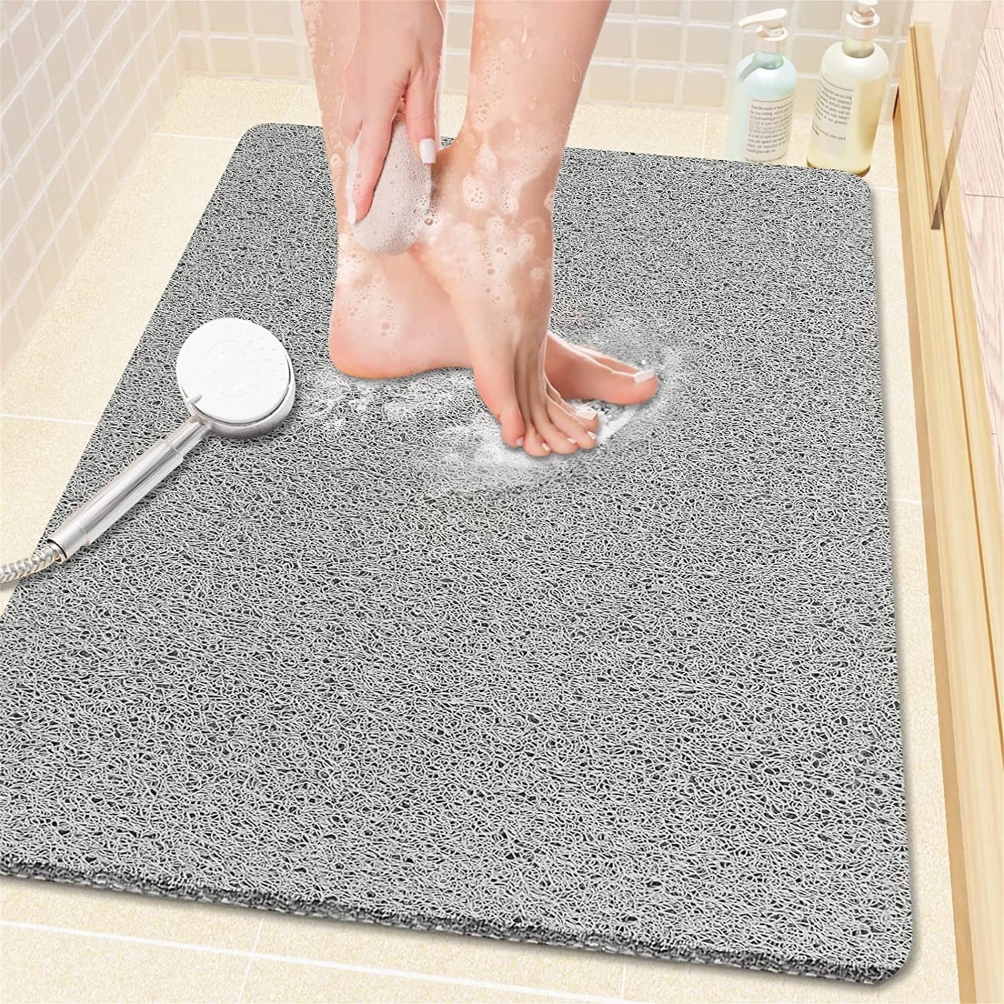 Grey PVC Loofah Non-Slip 32"x24" Bathtub Mat