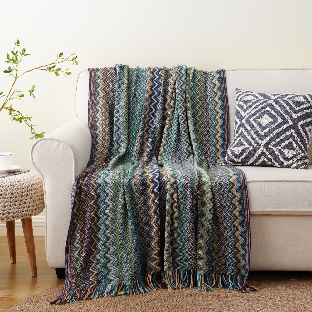 Boho Blue Chevron Knitted Throw Blanket with Tassels, 50"x60"