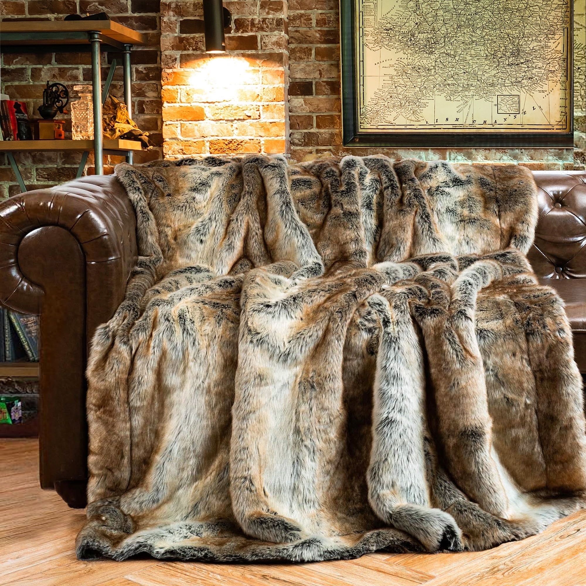 Luxurious Brown Faux Fur Reversible Throw Blanket, 60"x80"