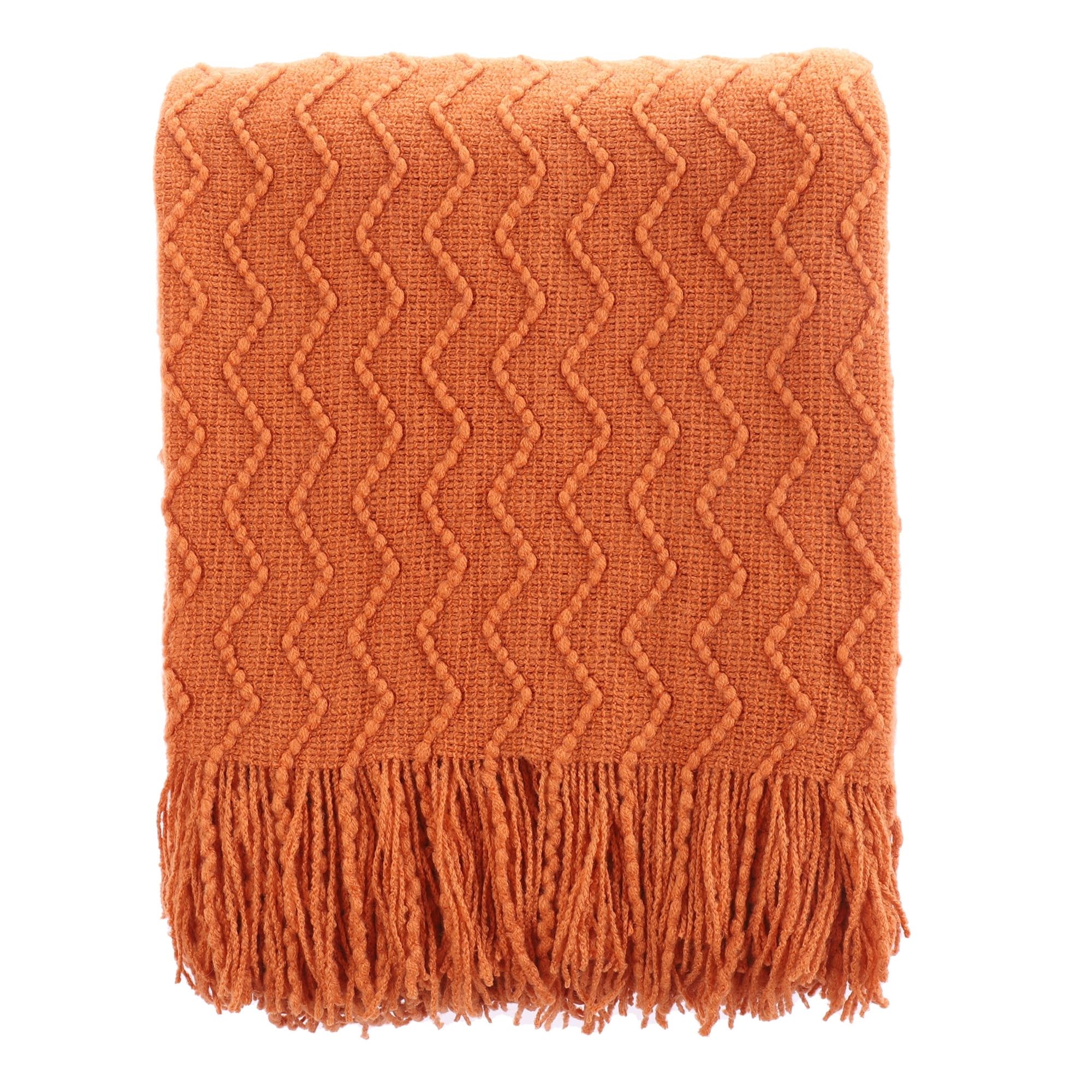 Burnt Orange Knitted Cotton Wool Throw Blanket with Tassels, 50"x60"