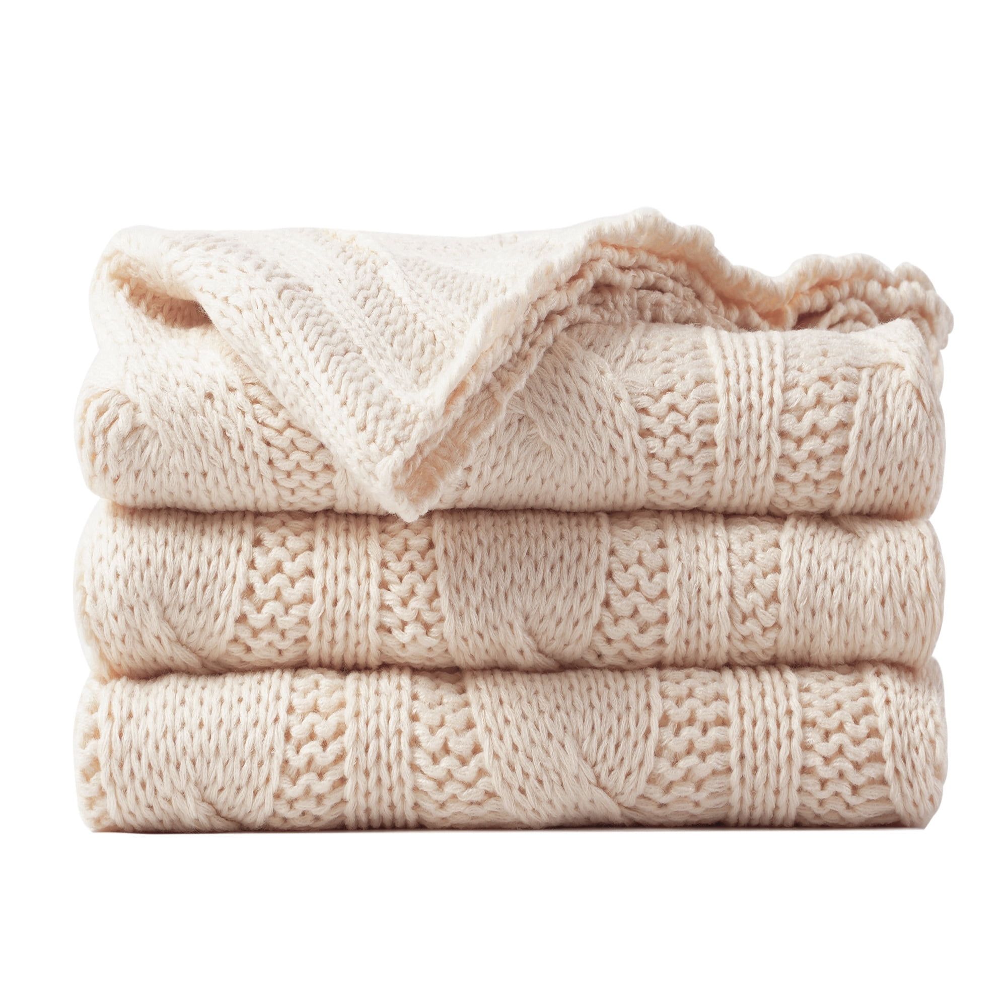 Cream Cable Knit Acrylic Throw Blanket, 50"x60"