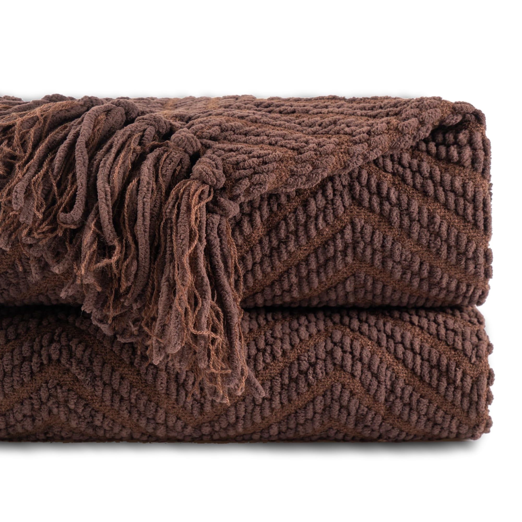 Dark Brown Knitted Herringbone Throw Blanket with Tassels, 50'' x 60''