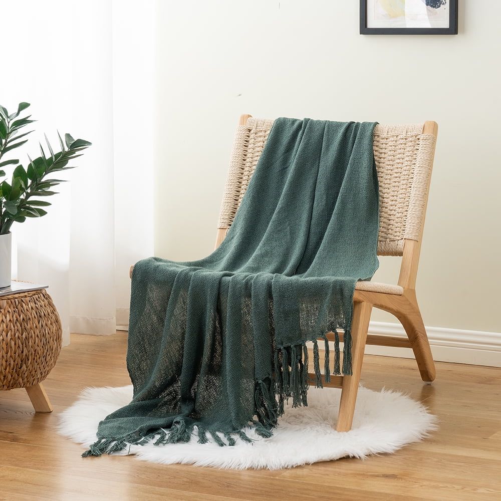 Dark Green Knitted Fringe Blanket, 50"x60"