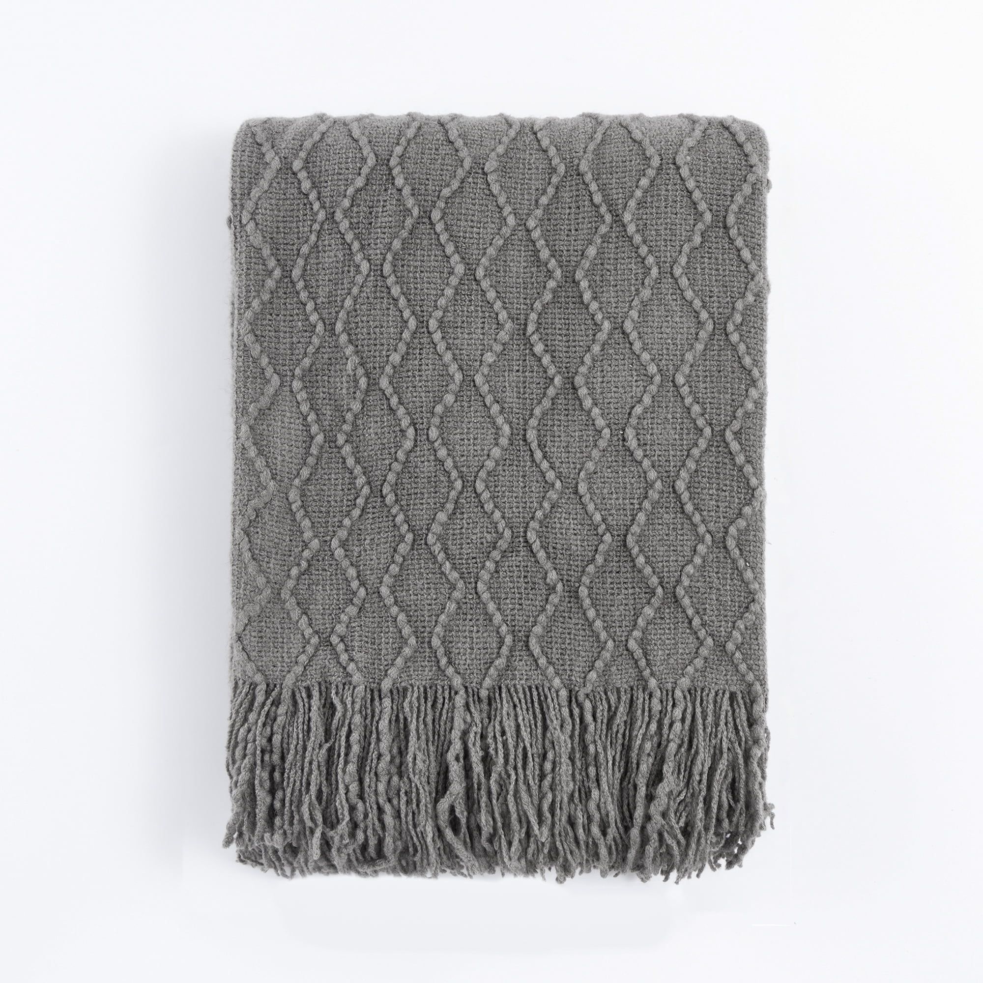 Dark Grey Knitted Acrylic Throw Blanket with Fringe, 50"x60"