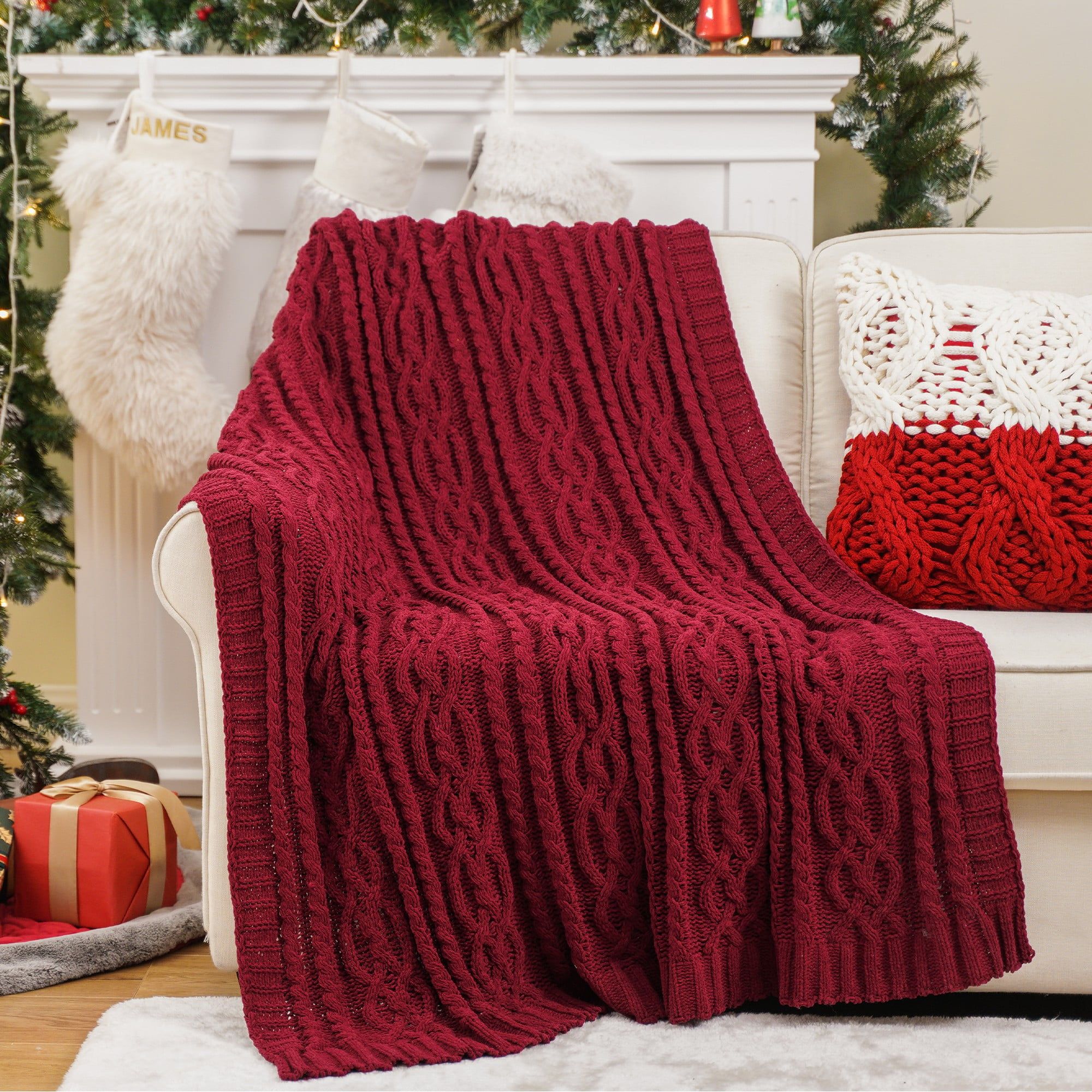 Dark Red Chenille Knit Throw Blanket, 51"x67"