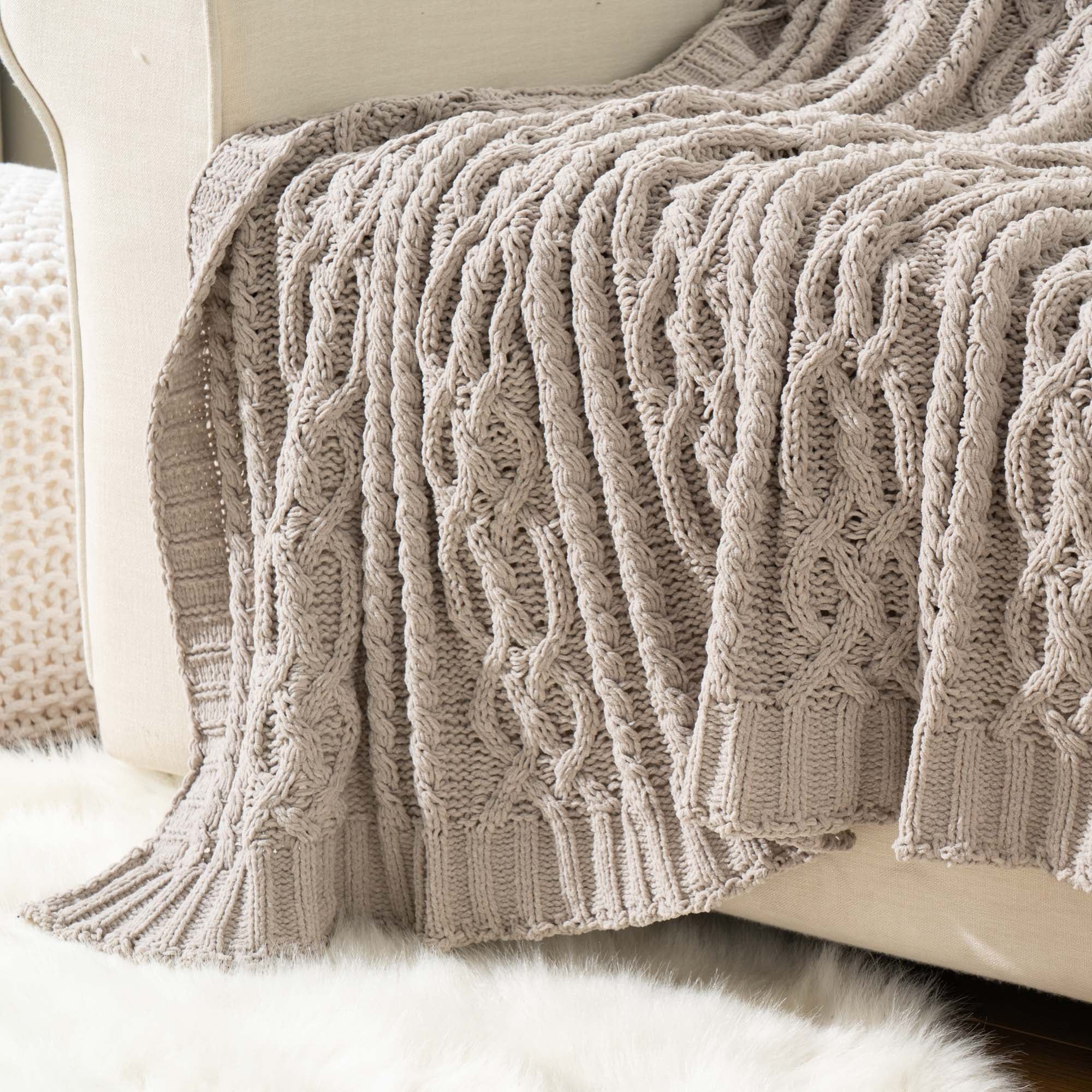 Battilo Light Grey Knitted Chenille Throw Blanket, 51" x 67"