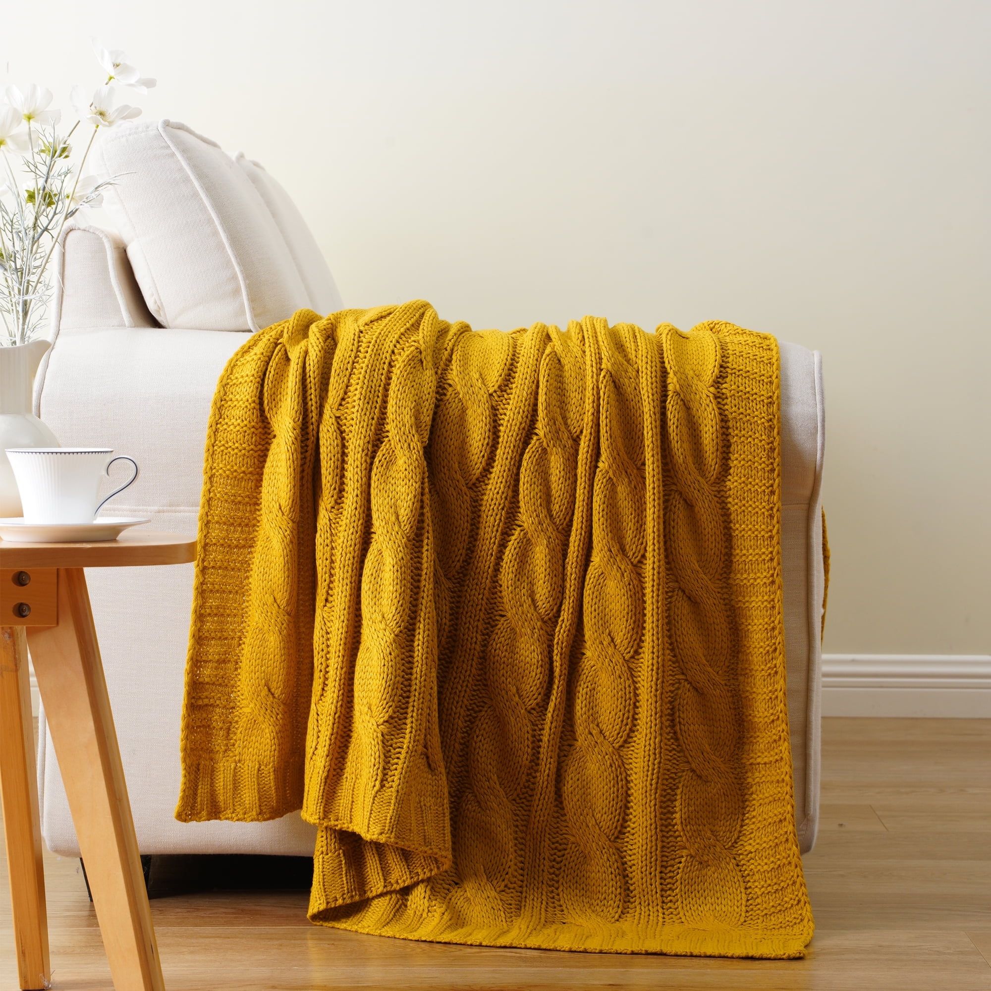 Mustard Cable Knit Wool Throw Blanket 50" x 60"