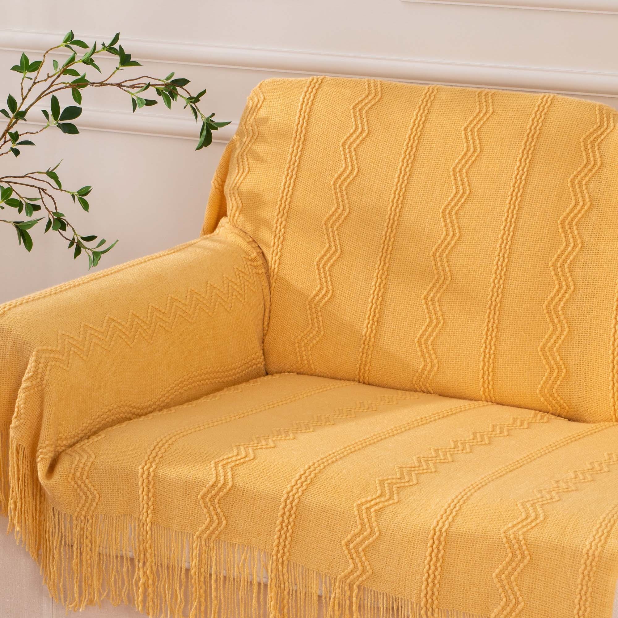 Yellow Knitted Acrylic Throw Blanket with Fringe, 50" x 60"