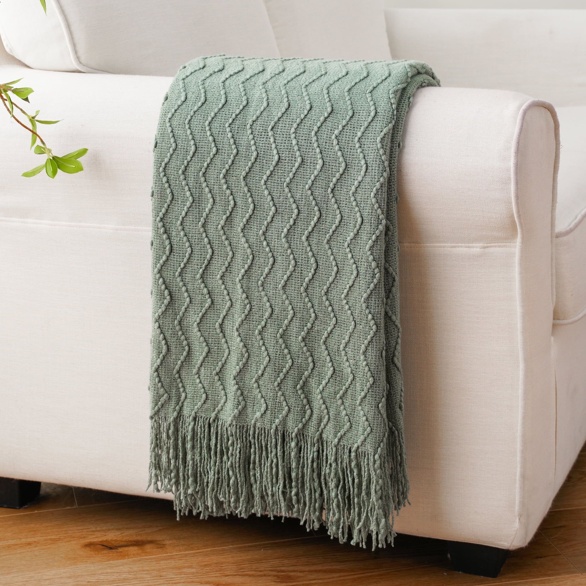 Sage Green Knitted Wool Throw Blanket with Tassel Fringe, 50"x60"