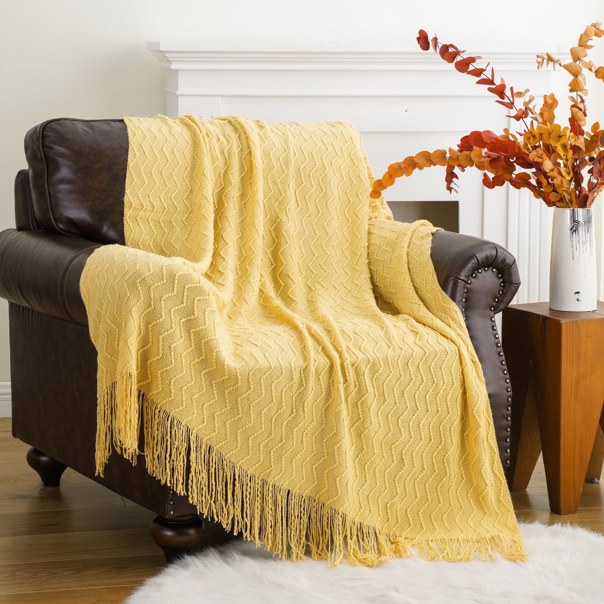 Mustard Yellow Knitted Wool Throw Blanket with Tassels, 50"x60"