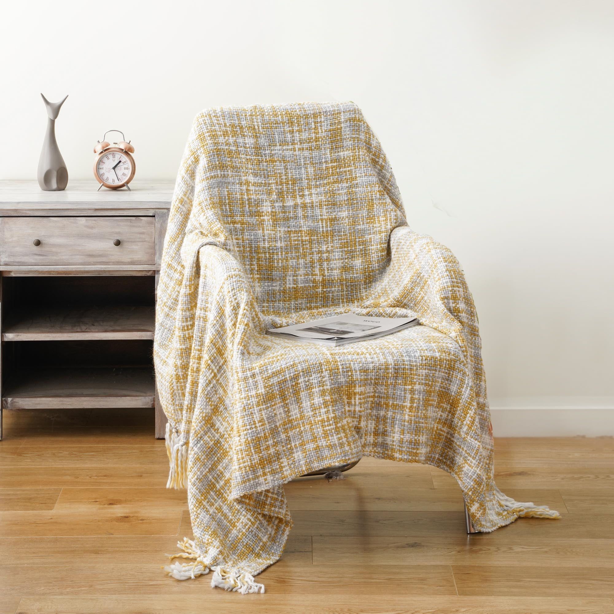 Ochre Yellow Knitted Baby Throw Blanket with Fringes, 50" x 60"