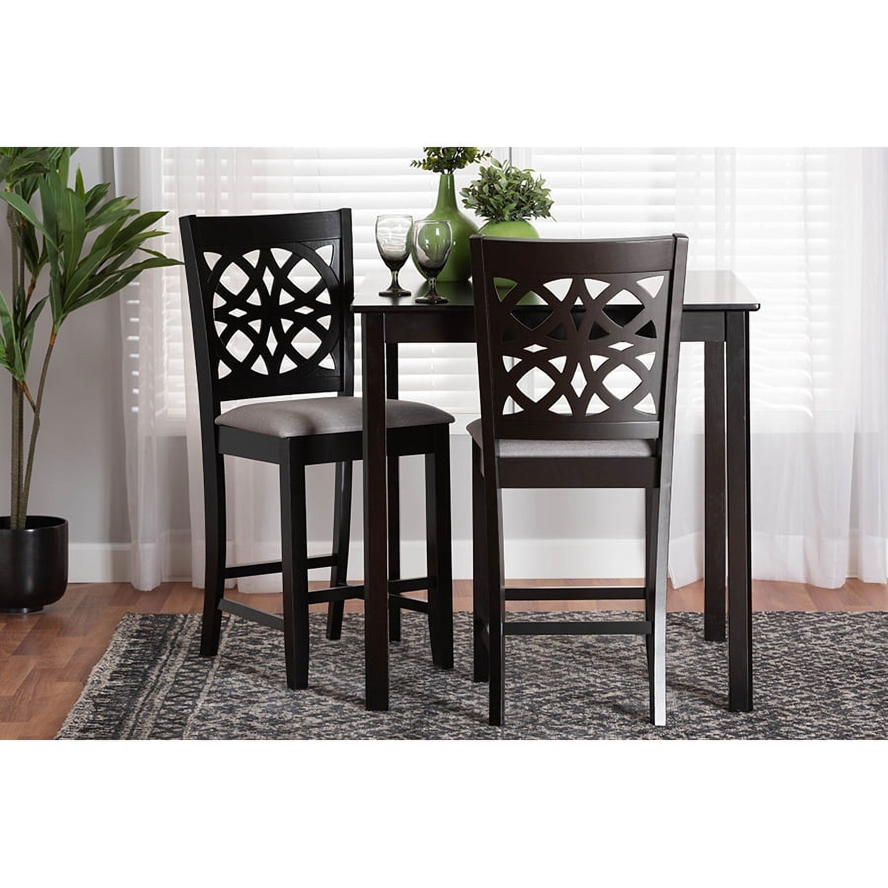 Abigail Dark Brown Wood Counter Stool Set with Grey Fabric Cushion