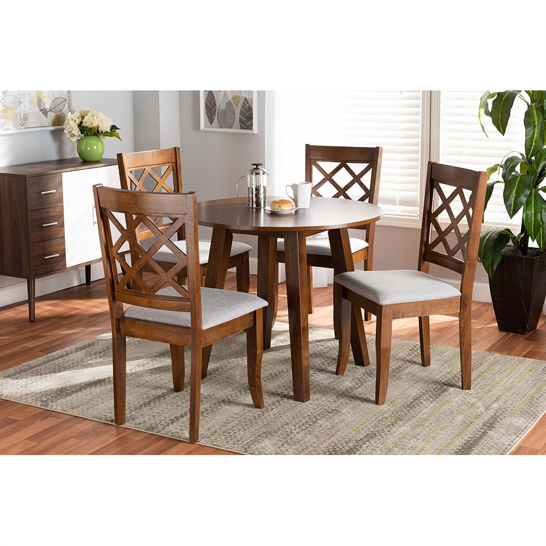 Adara 5-Piece Grey Fabric and Walnut Wood Circular Dining Set