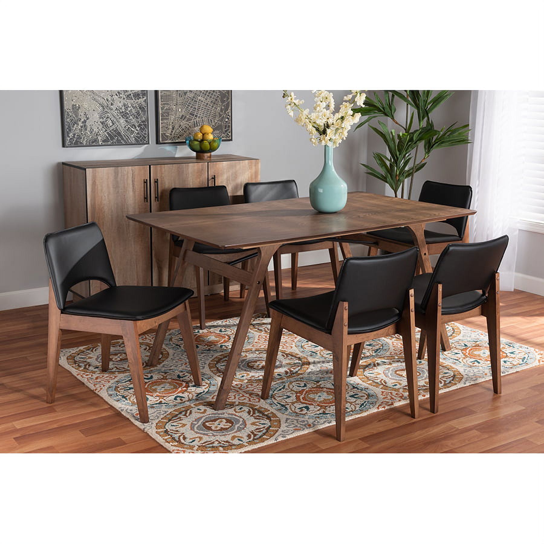 Afton 7-Piece Walnut & Black Faux Leather Mid-Century Dining Set