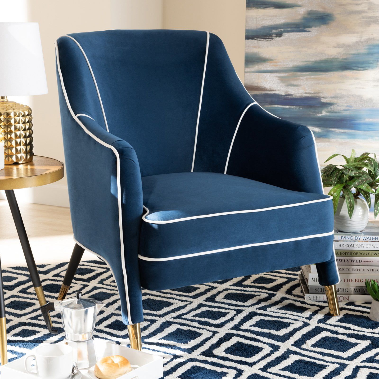 Navy Blue Velvet Accent Chair with Gold Legs