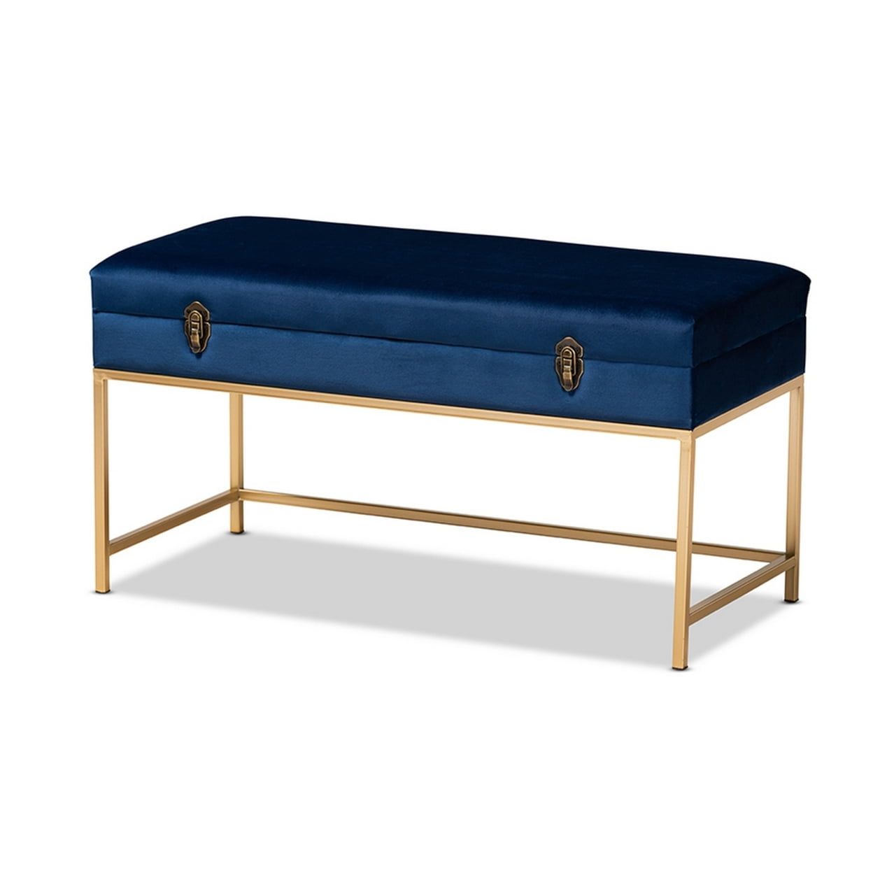 Navy Blue Velvet and Gold Metal Large Storage Ottoman