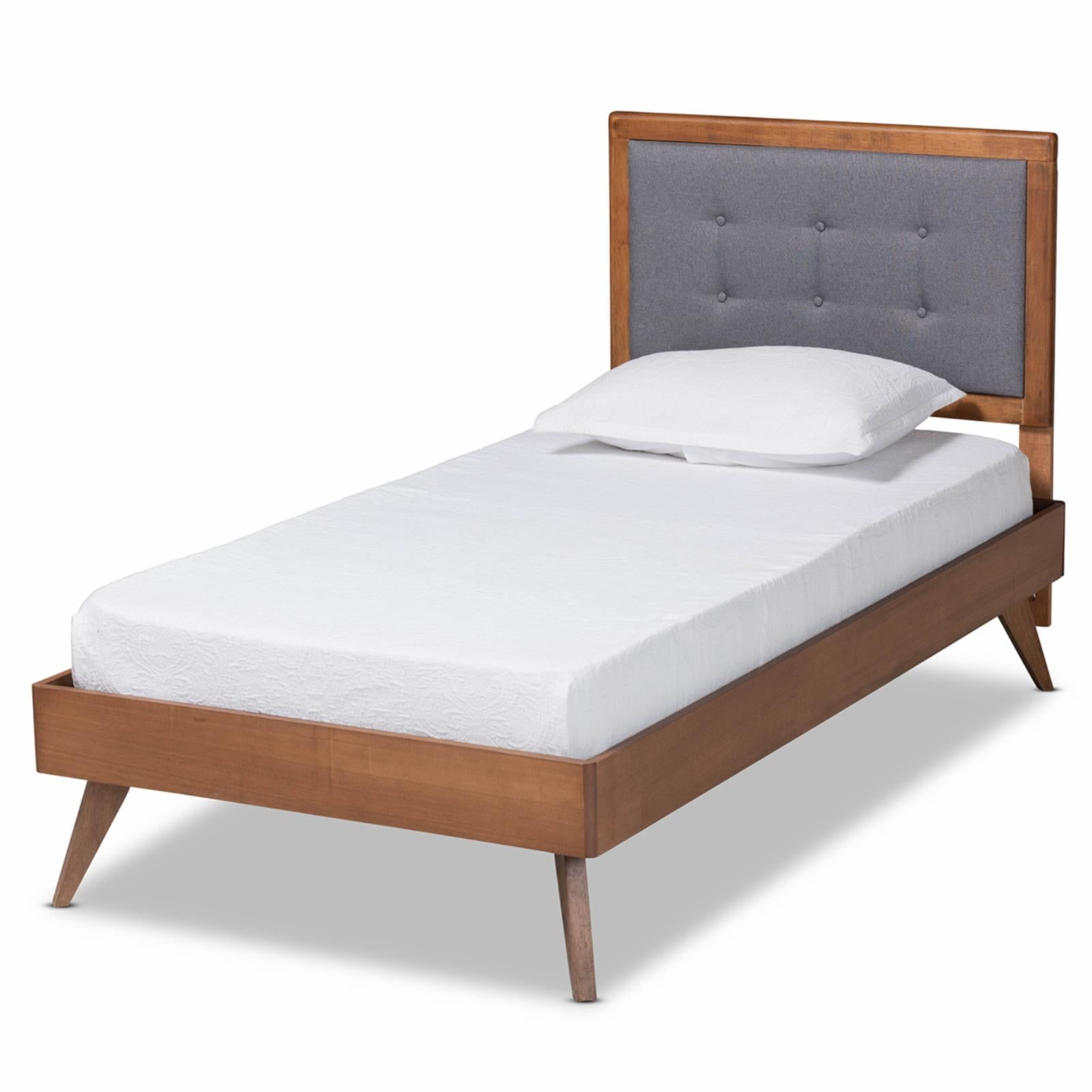 Alida Twin-Size Walnut Wood Frame Bed with Gray Tufted Upholstery