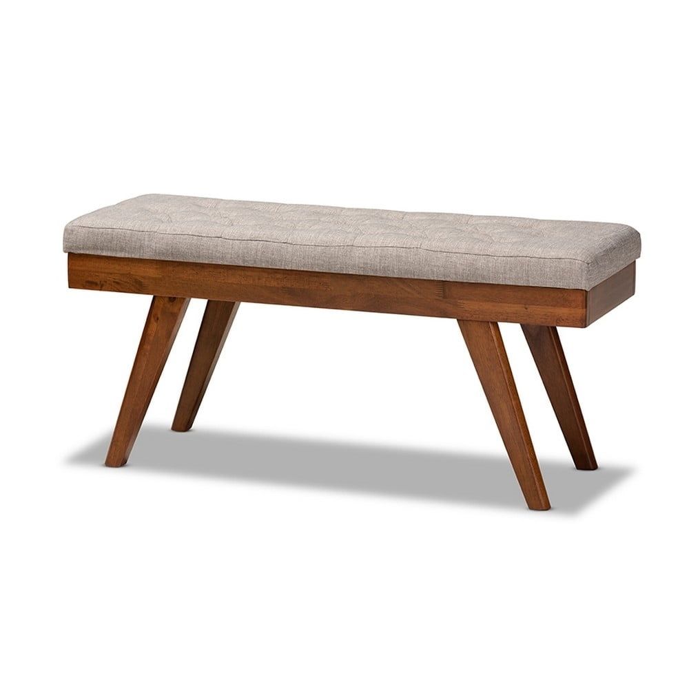 Alona Mid-Century Walnut Brown and Light Grey Fabric Dining Bench