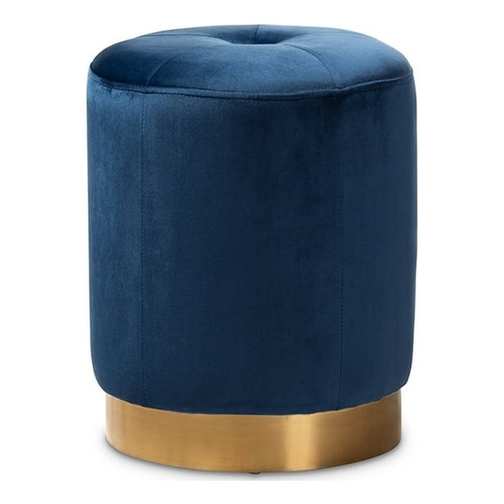 Alonza Navy Blue Velvet Round Tufted Ottoman with Gold Base