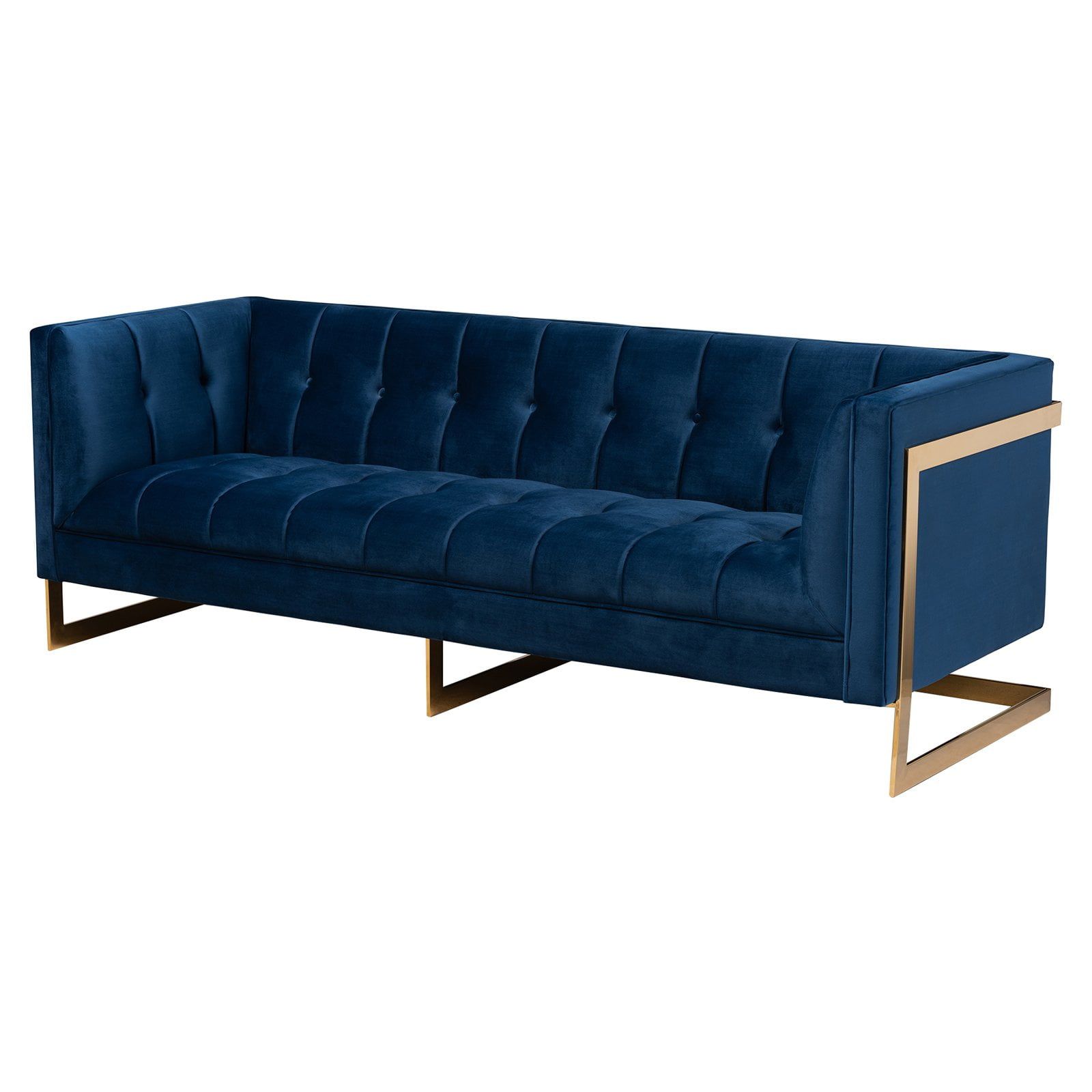 Royal Blue Velvet Tufted Sofa with Gold-Tone Metal Frame 84.6"