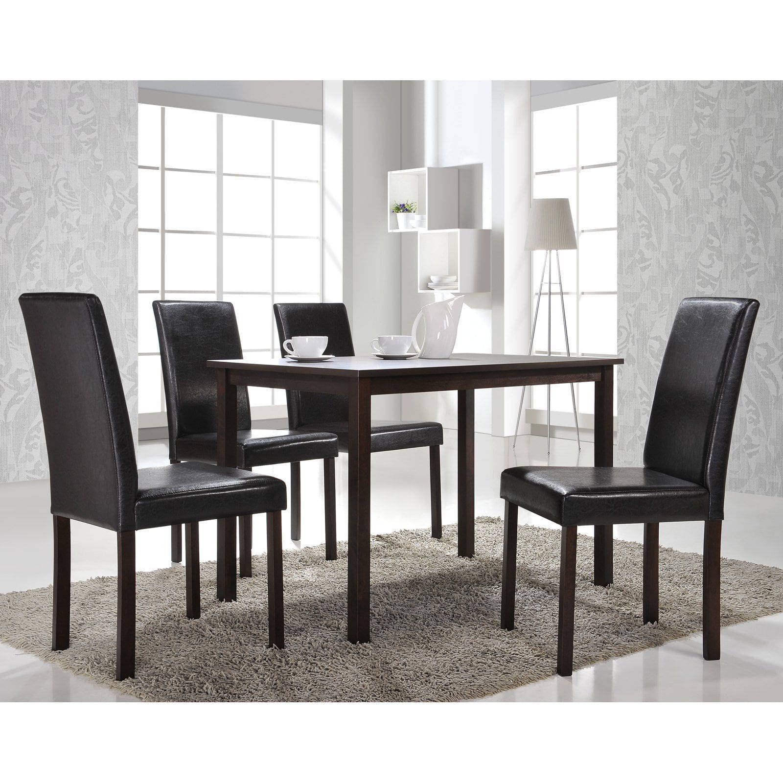 Dark Brown Rubberwood 5-Piece Dining Set with Faux Leather Chairs