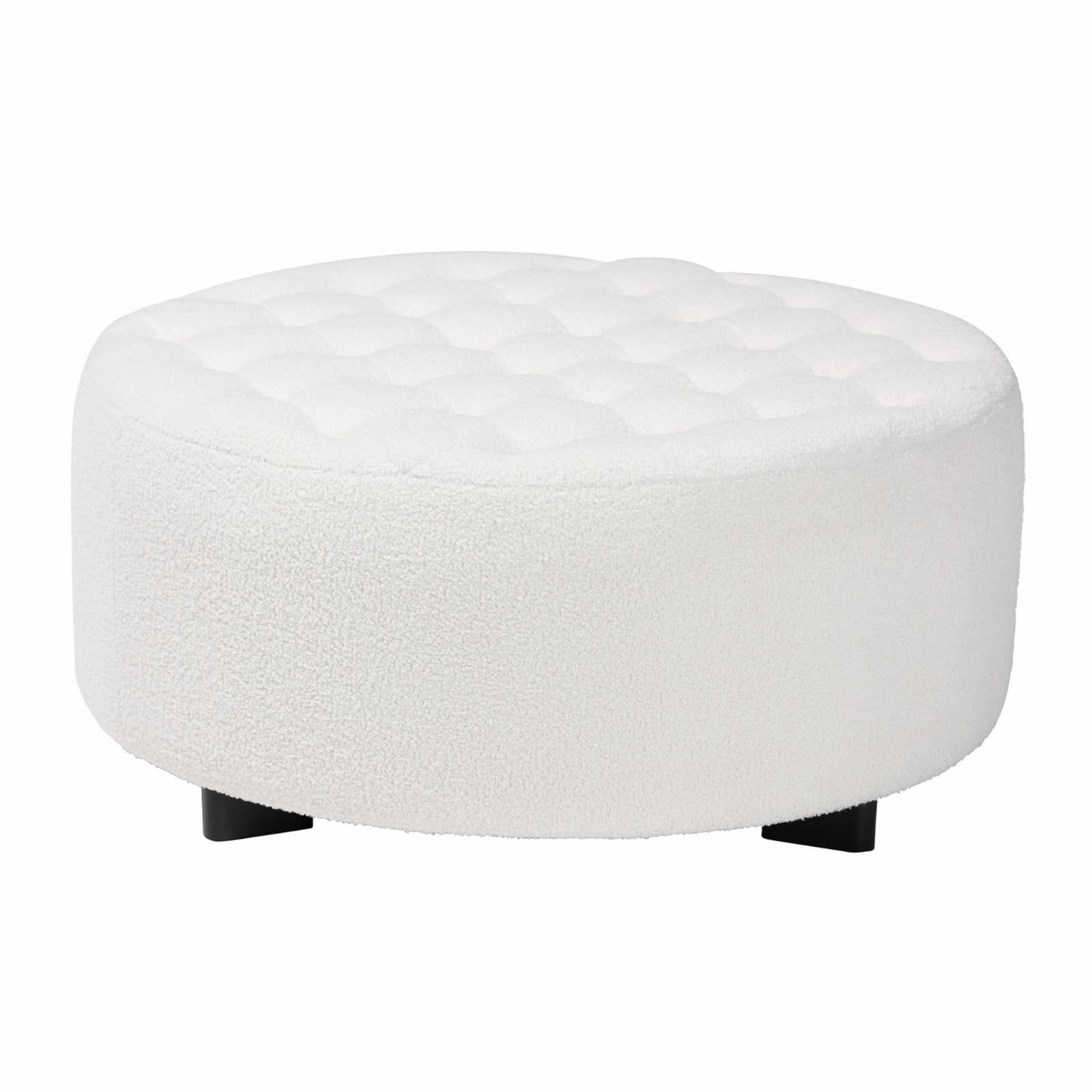 Athena Ivory Boucle and Black Wood Tufted Round Ottoman