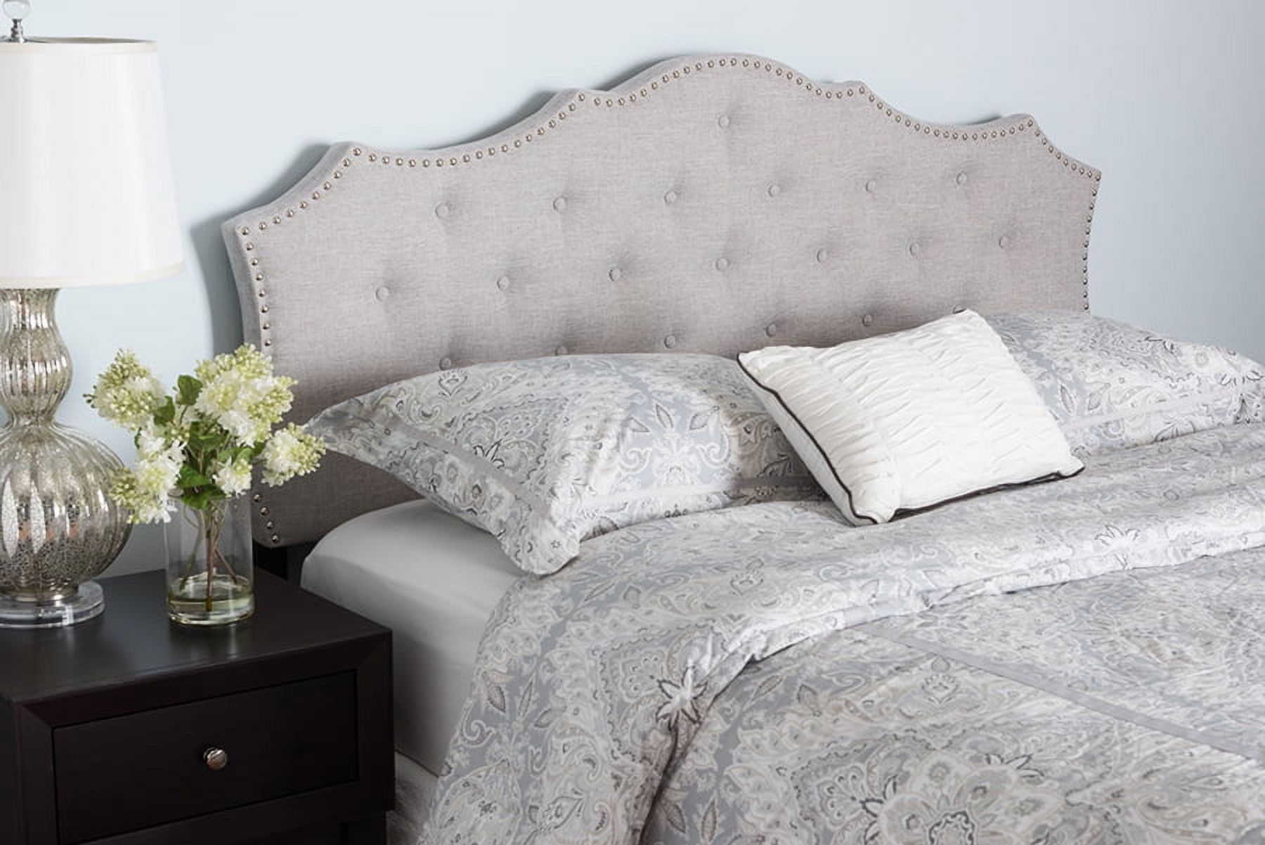 Grayish Beige Tufted Upholstered Full Headboard with Nailhead Trim