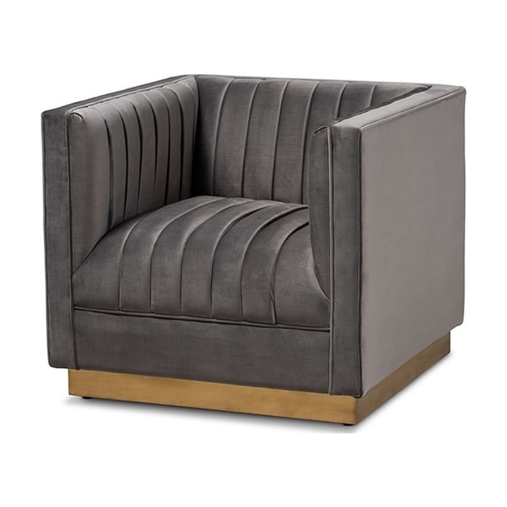 Gray Velvet and Gold Tufted Accent Chair