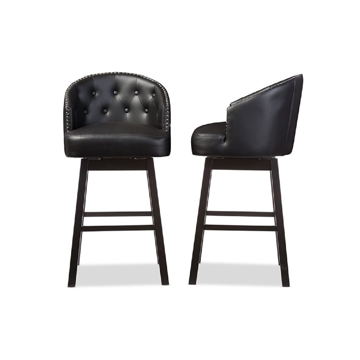 Elegant Black Leather Swivel Barstool with Metal Plate and Button-Tufted Back