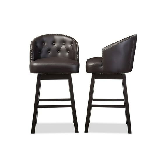 Avril Swivel Barstool in Brown Faux Leather with Nailhead Trim (Set of 2)