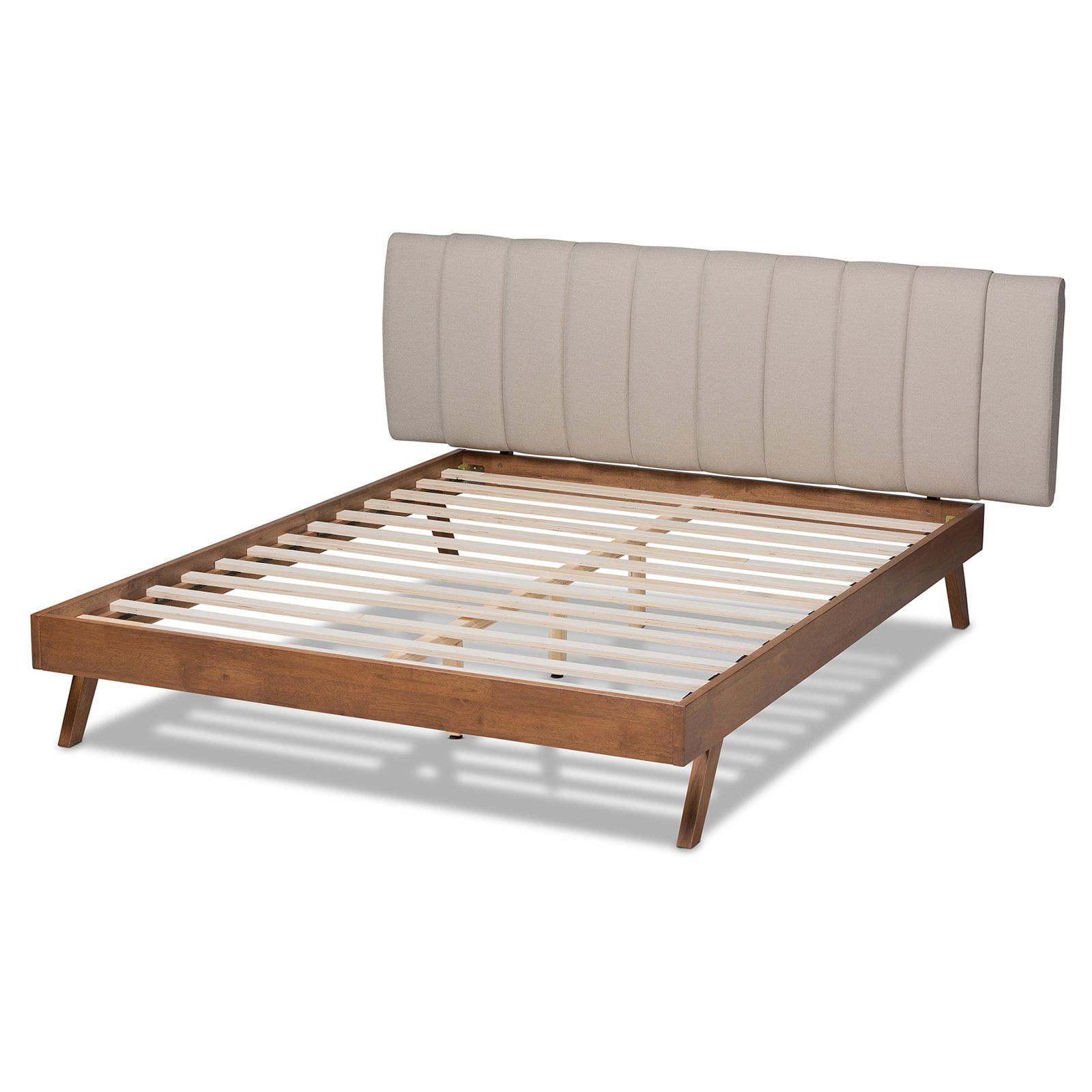 Brita Light Beige Walnut Wood Queen Bed with Tufted Upholstered Headboard