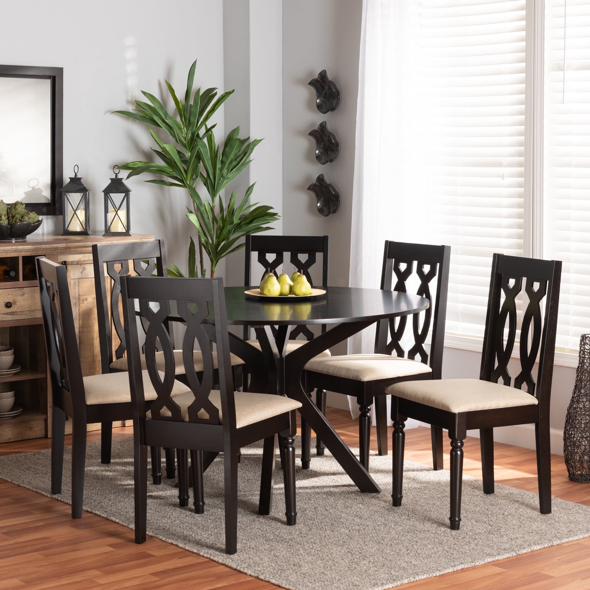 Modern Dark Brown Oak 7-Piece Dining Set with Sand Upholstered Chairs