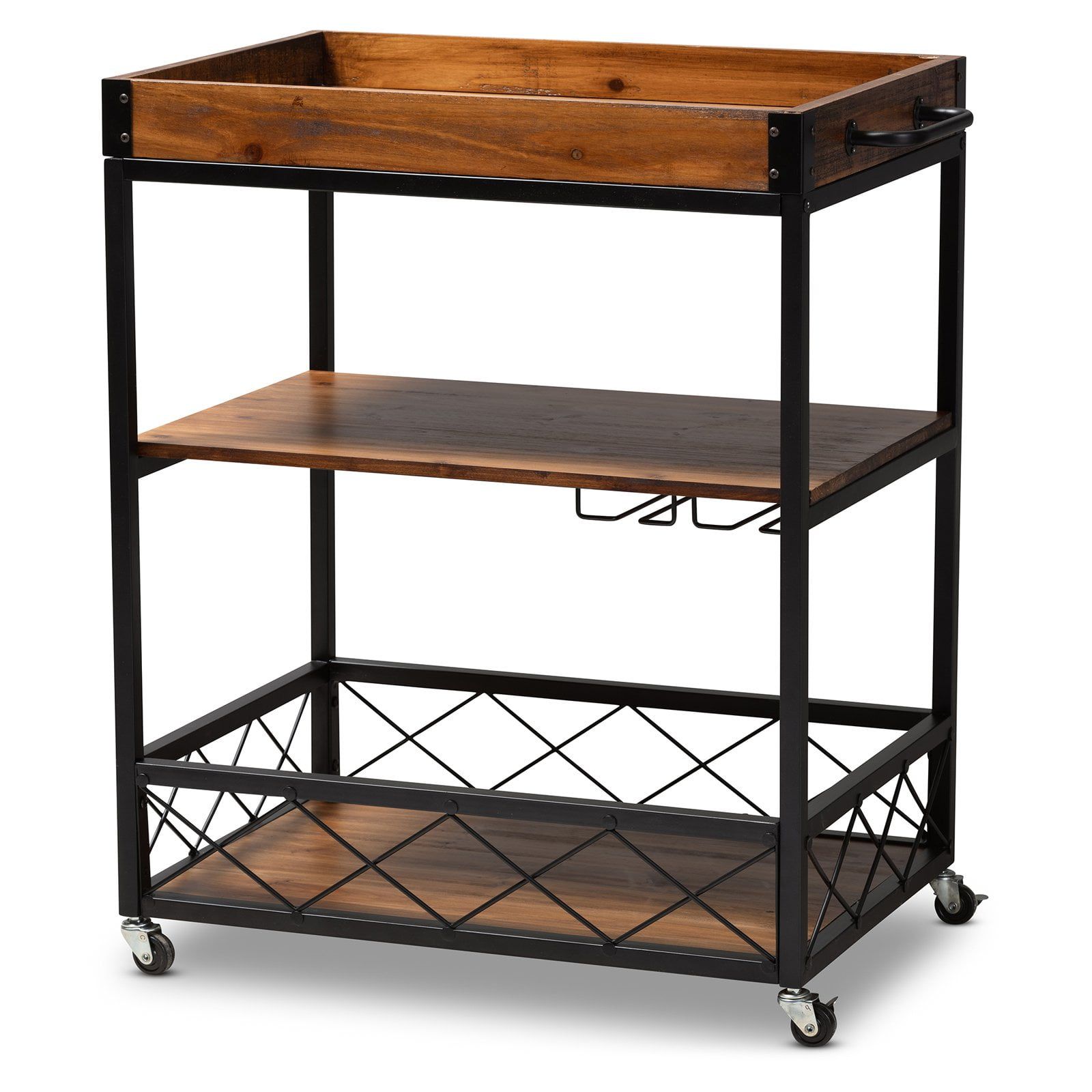 Capri Rustic Oak and Black Metal Mobile Bar Cart with Wine Storage