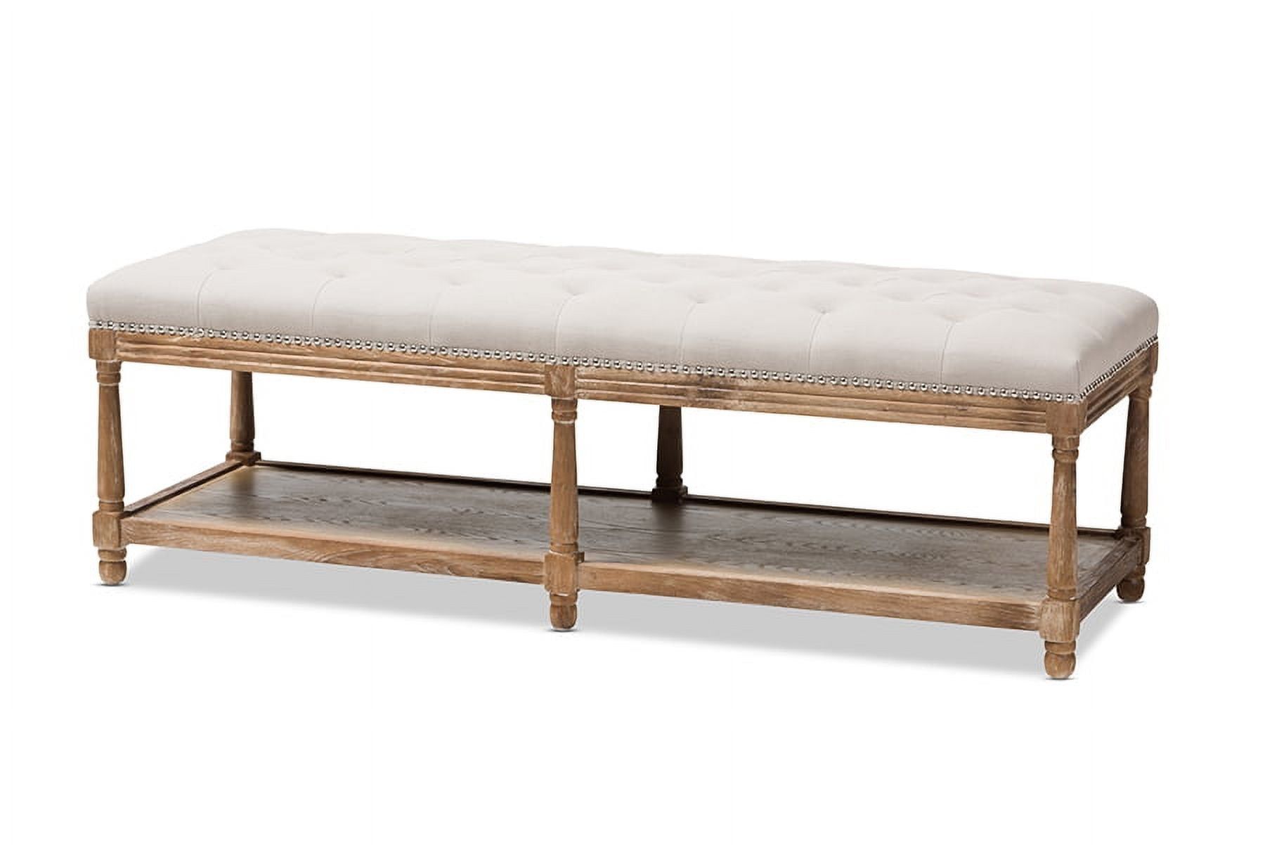 Celeste Weathered Oak Beige Linen Tufted Footstool