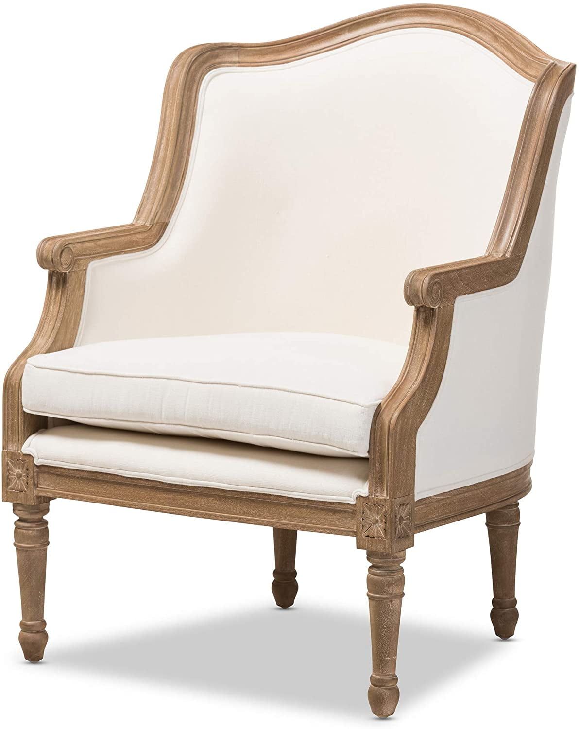 Charlemagne Distressed Brown Oak Wood French Accent Chair with Beige Cotton